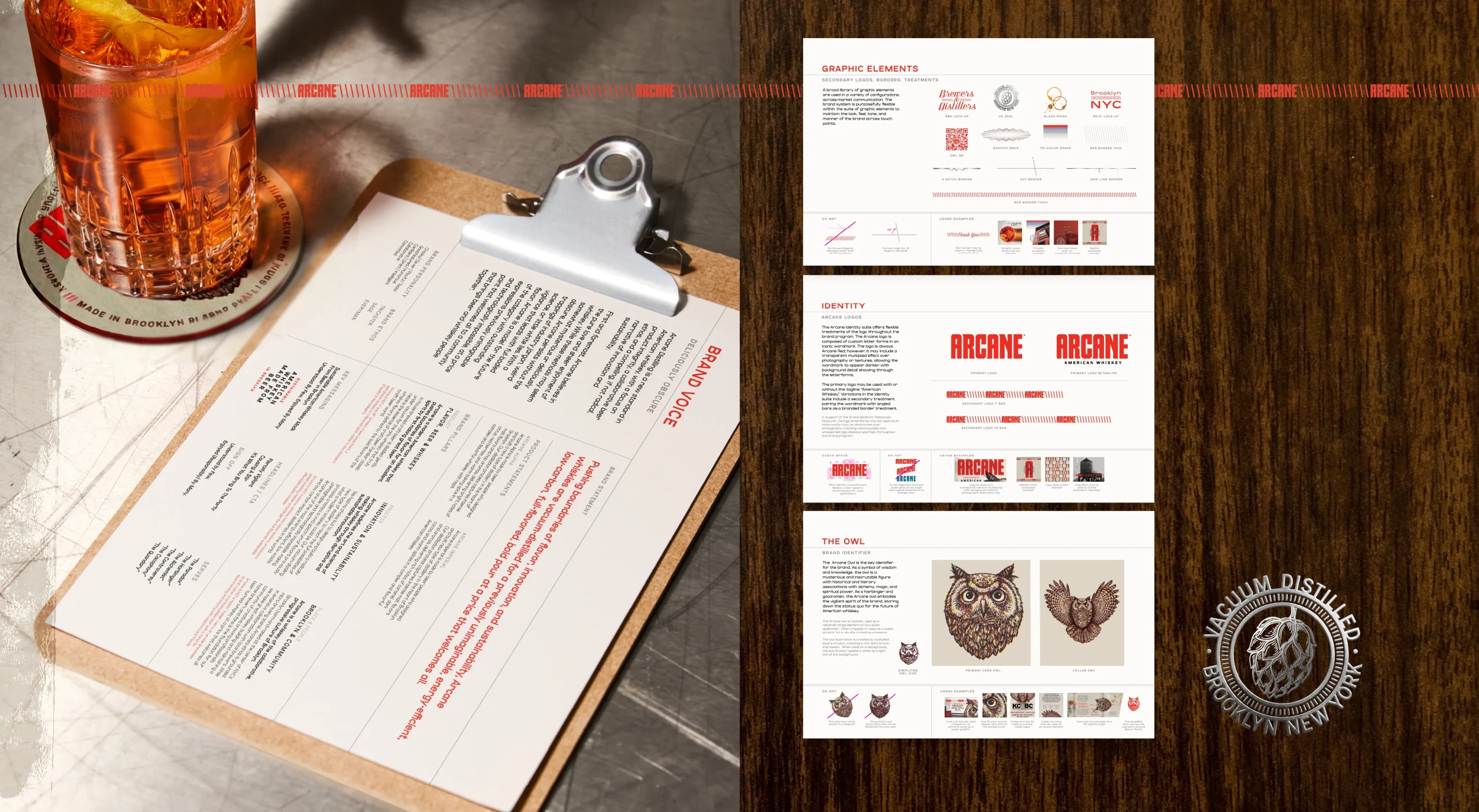 Arcane Distilling sustainable whiskey brand design system showcasing brand guidelines for sustainable American whiskey made from beer in Brooklyn.