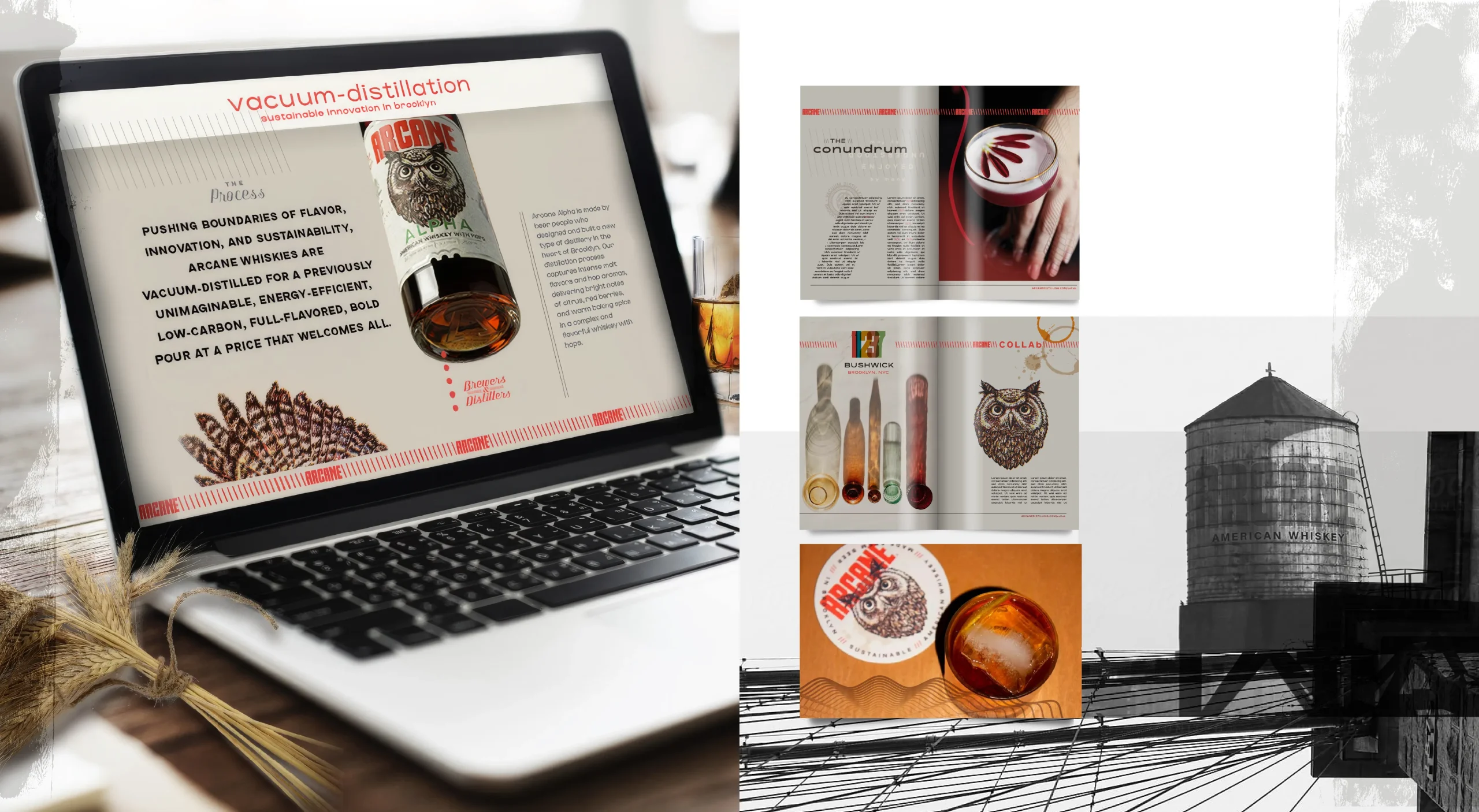 Arcane Distilling sustainable whiskey brand design system showcasing sales presentation templates and print design for sustainable American whiskey made from beer in Brooklyn.