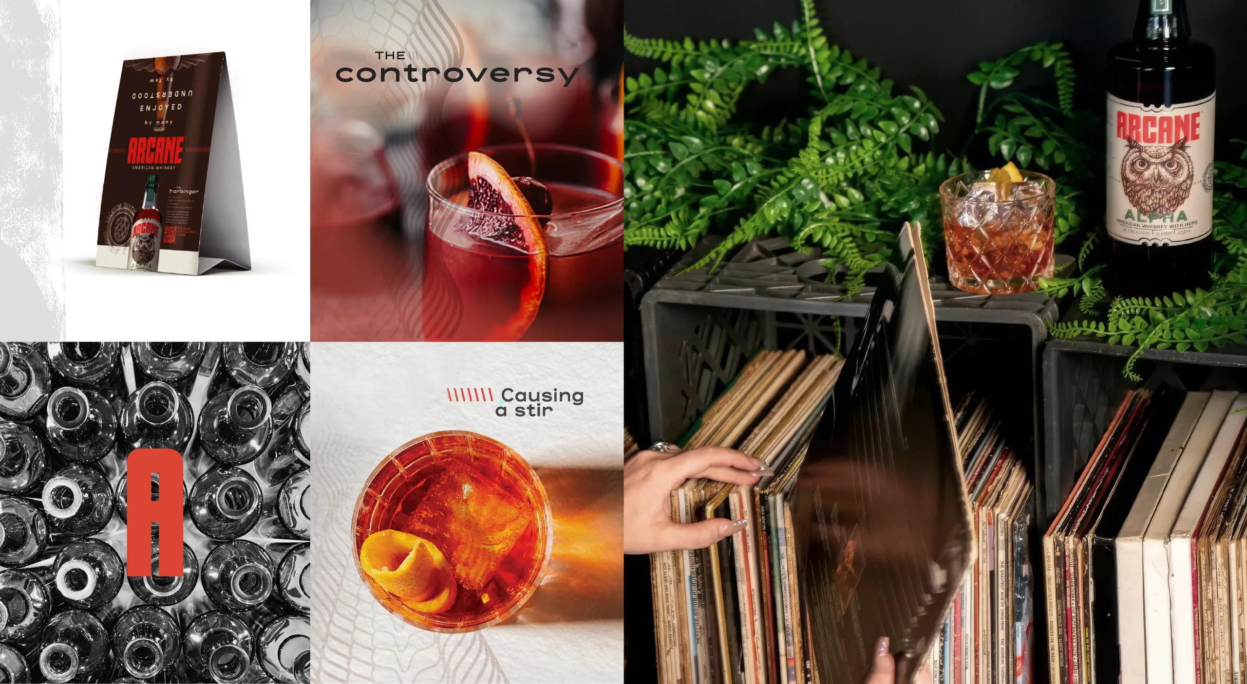 Arcane Distilling sustainable whiskey brand design system showcasing visual identity and on-premise brand support for sustainable American whiskey made from beer in Brooklyn.