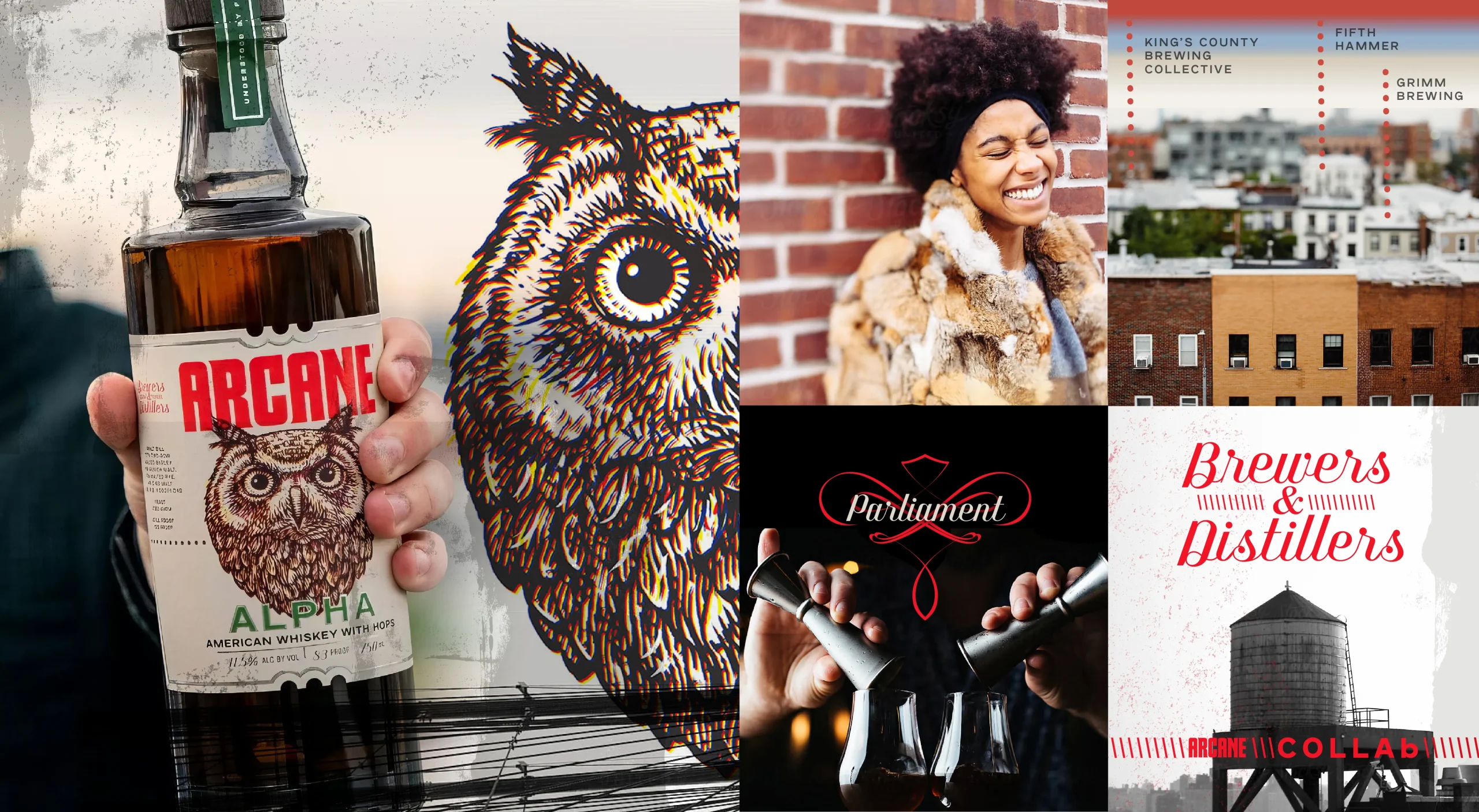 Arcane Distilling brand design system showcasing packaging design and visual identity for sustainable American whiskey made from beer in Brooklyn.