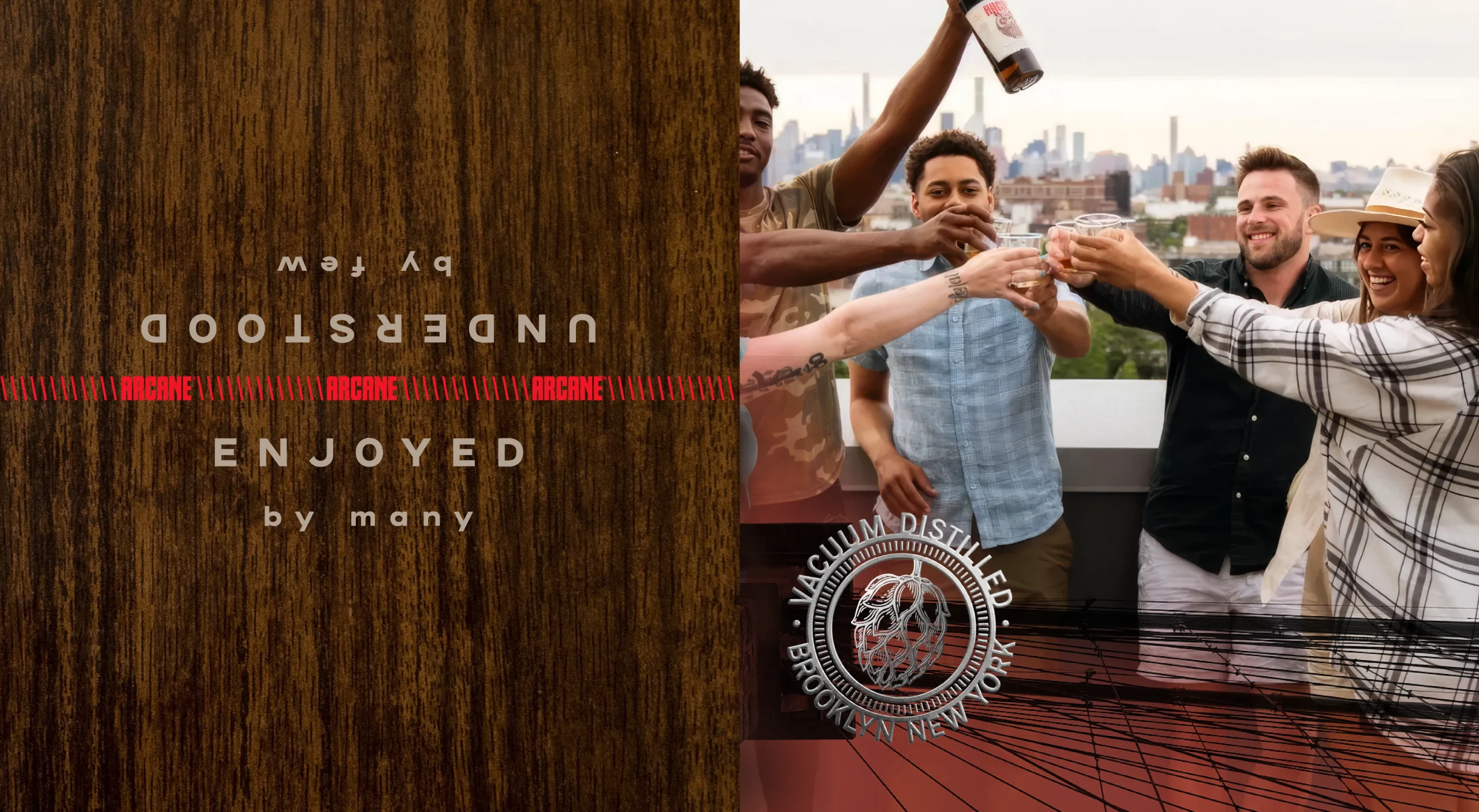 Arcane Distilling sustainable whiskey brand design system showcasing tagline, lifestyle photography, brand messaging, and visual identity for whiskey distilled from beer in Brooklyn.