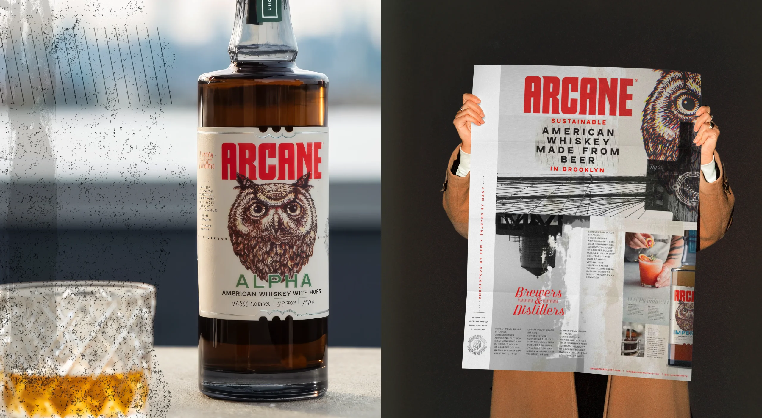 Arcane Distilling sustainable whiskey brand design system showcasing packaging design and print design for sustainable American whiskey made from beer in Brooklyn.