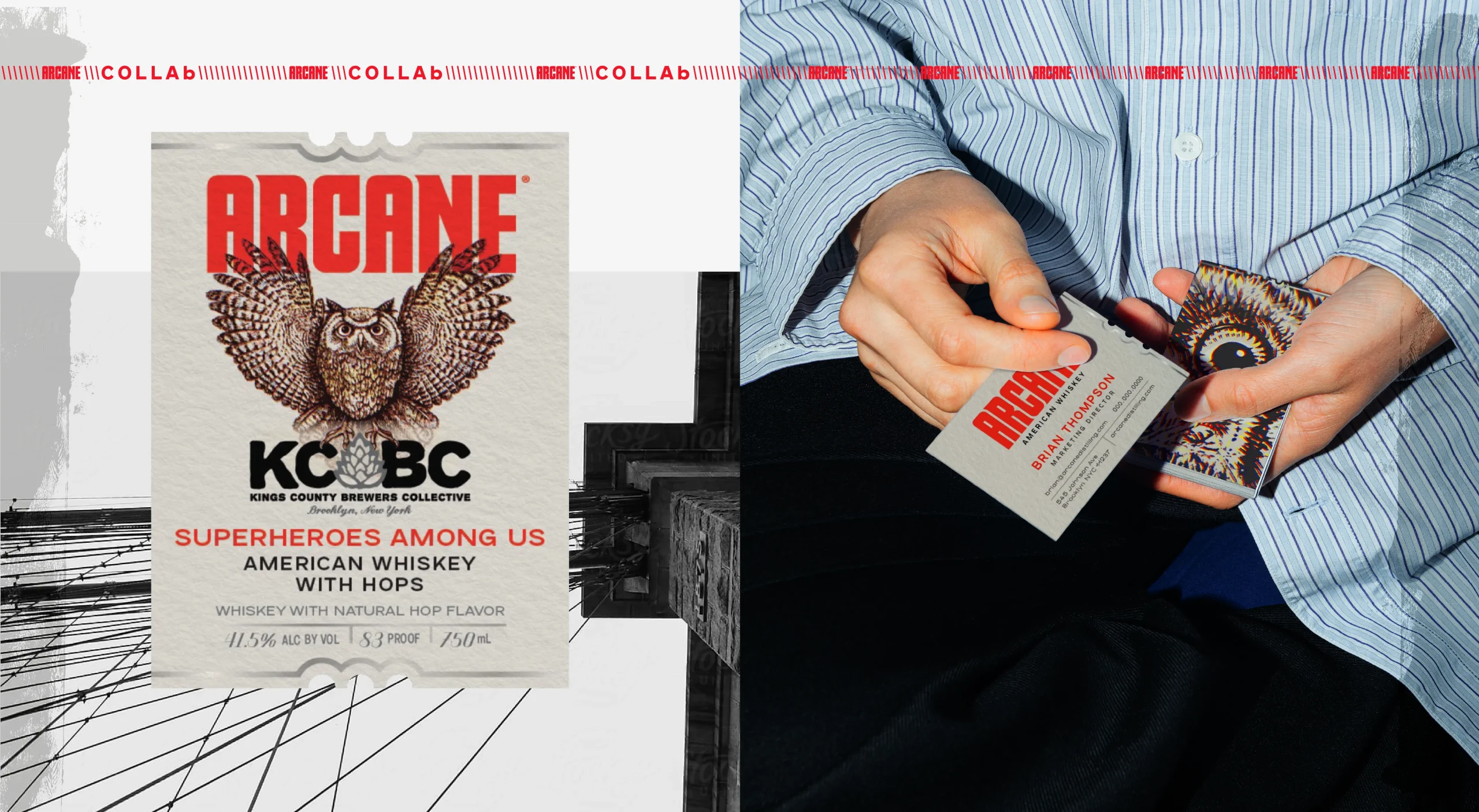 Arcane Distilling sustainable whiskey brand design system showcasing packaging design for craft brewery collaboration for sustainable American whiskey made from beer in Brooklyn.