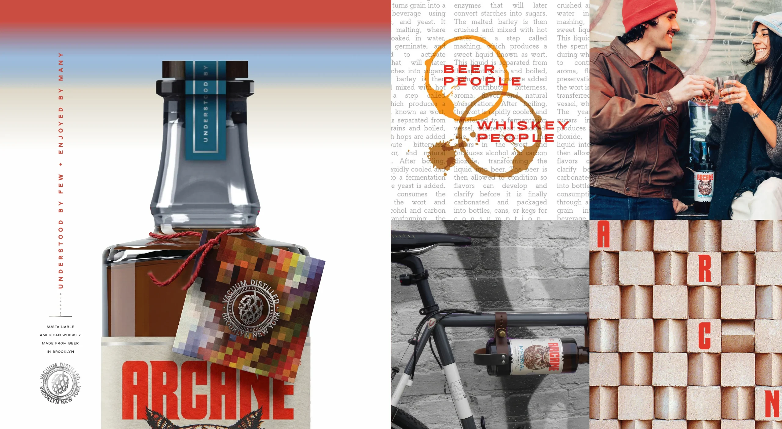 Arcane Distilling sustainable whiskey brand design system showcasing packaging design, hang tags, brand messaging, and visual identity for sustainable American whiskey made from beer in Brooklyn.