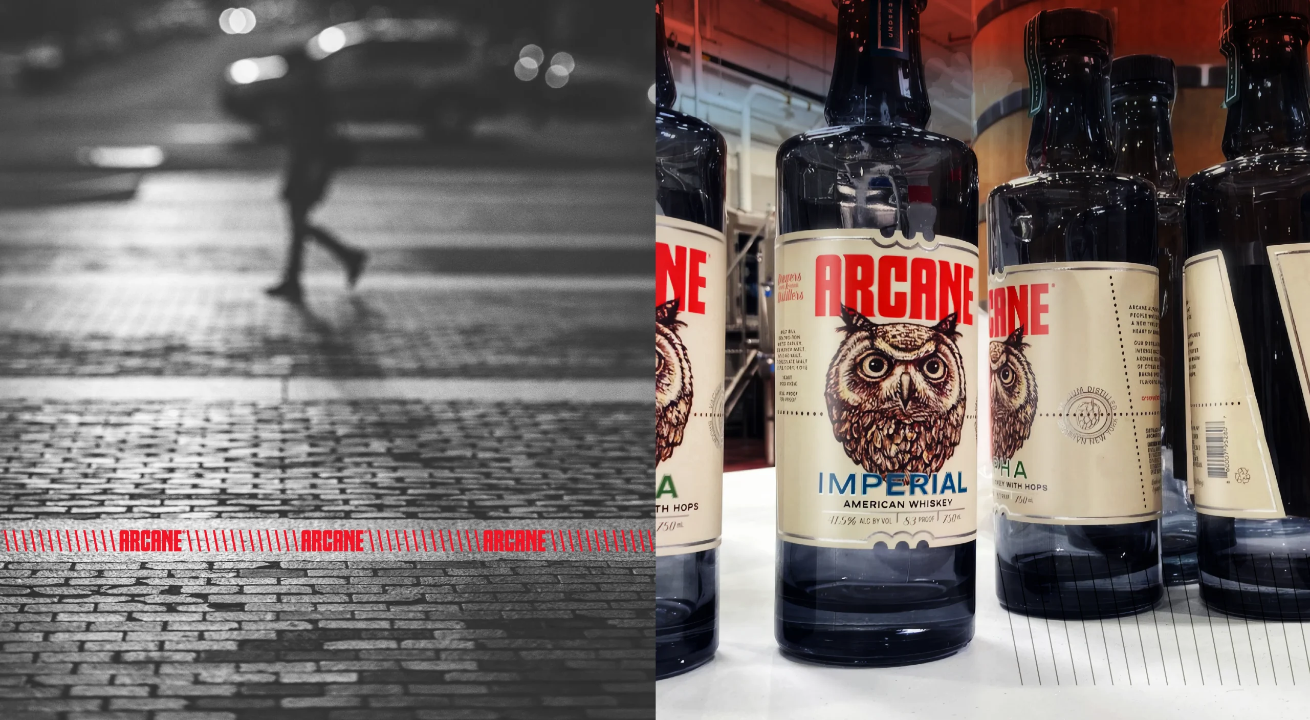 Arcane Distilling sustainable whiskey brand design system showcasing packaging design and visual identity for sustainable American whiskey made from beer in Brooklyn.