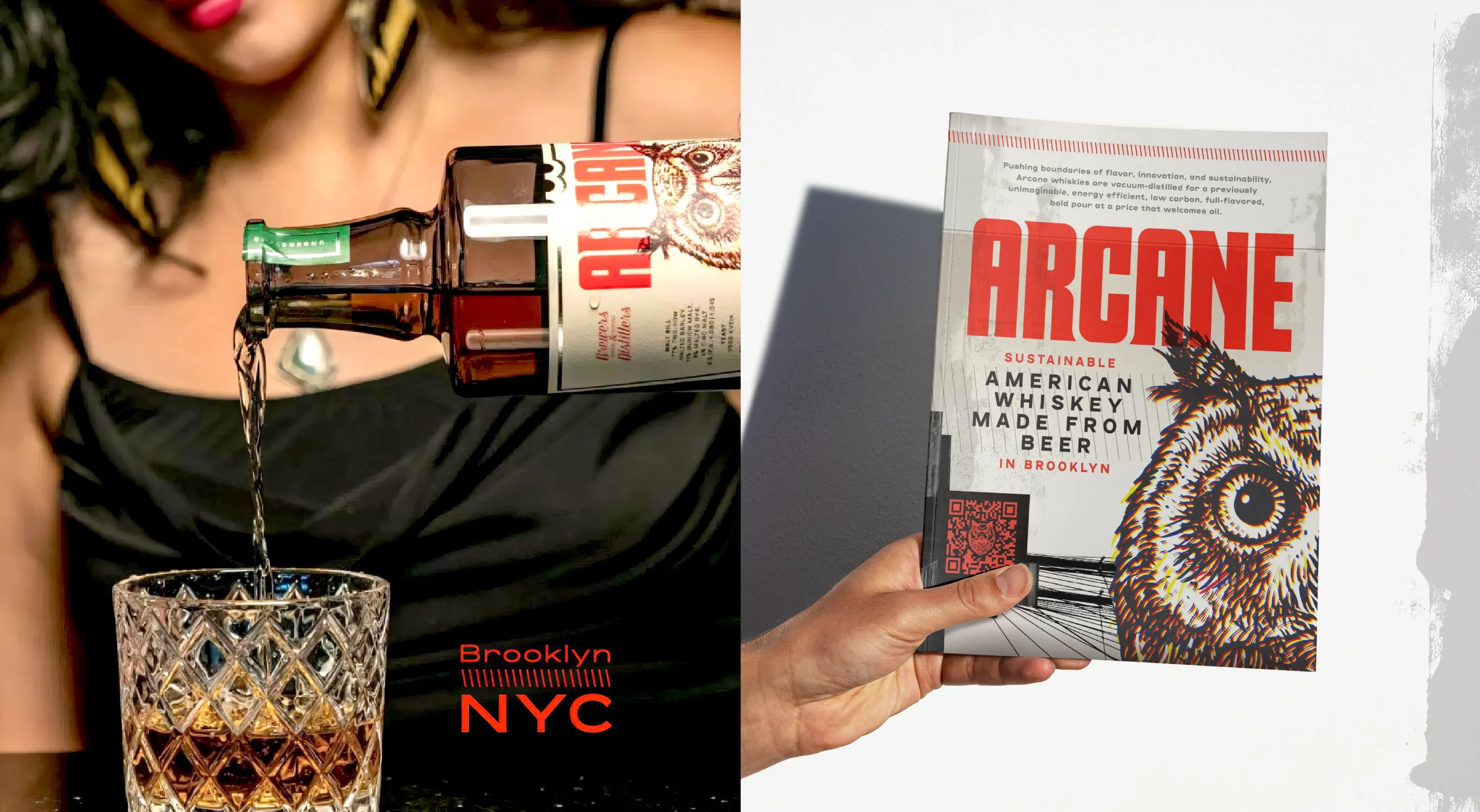 Arcane Distilling sustainable whiskey brand design system showcasing packaging design, brand messaging, and print design for sustainable American whiskey made from beer in Brooklyn.