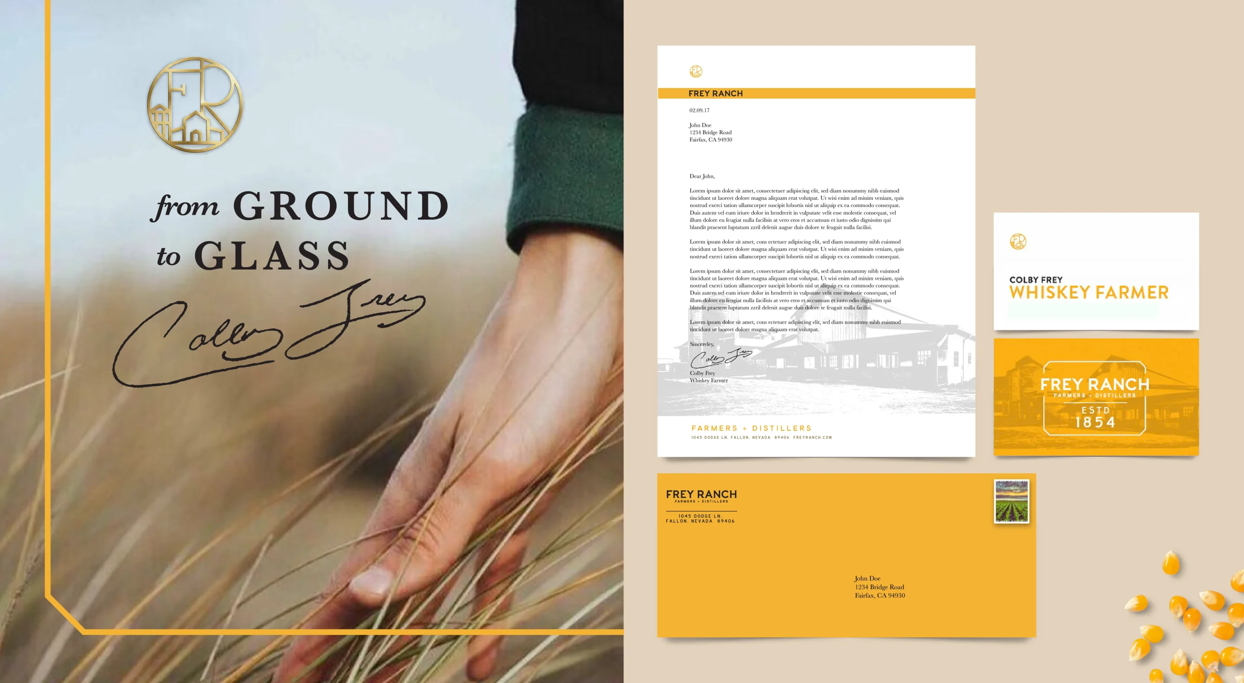 Frey Ranch premium bourbon whiskey brand design system for ground-to-glass Nevada craft distillery showcasing messaging system and stationery design.