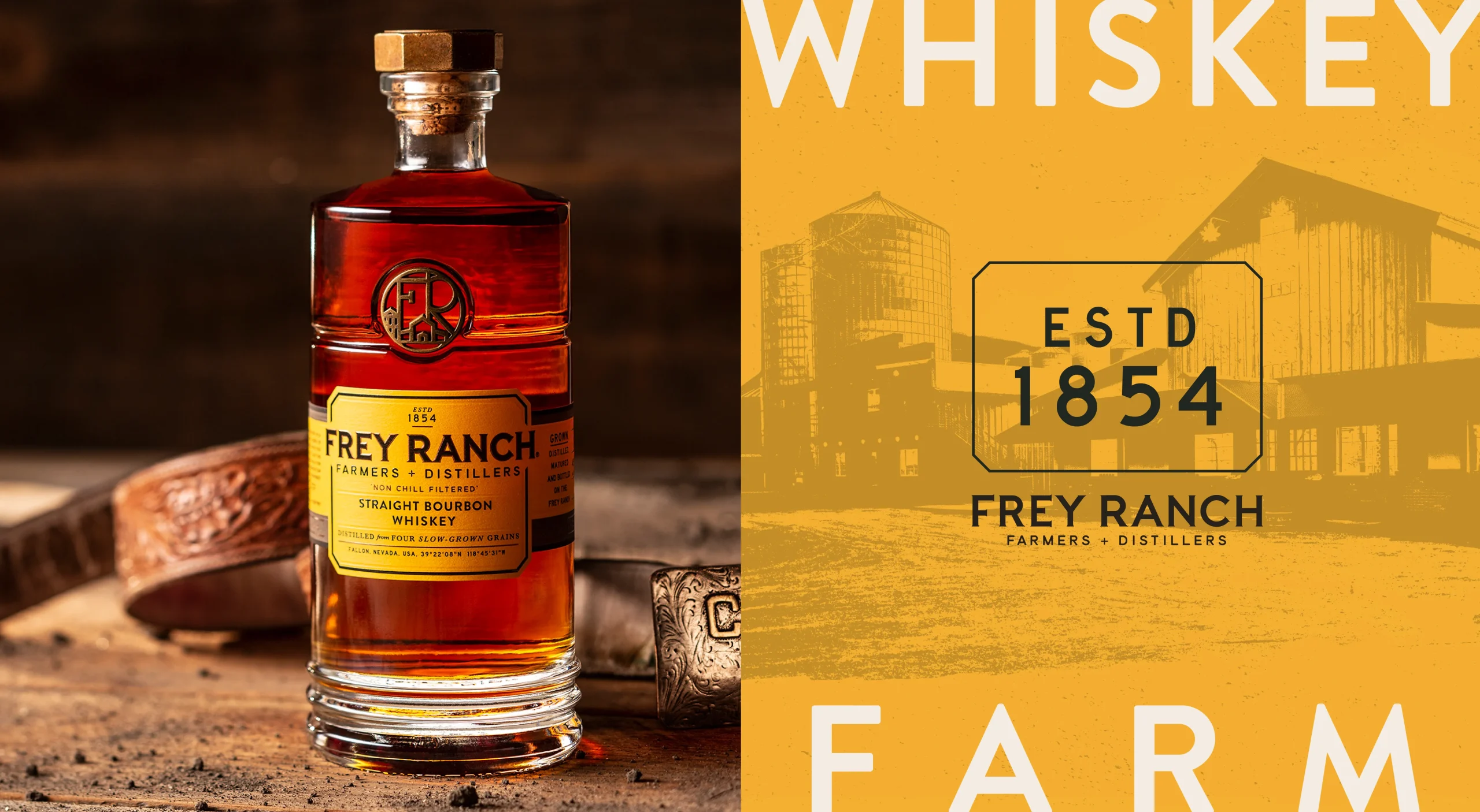 Frey Ranch premium bourbon whiskey brand design system for ground-to-glass Nevada craft distillery showcasing visual identity, messaging system, and photography style.