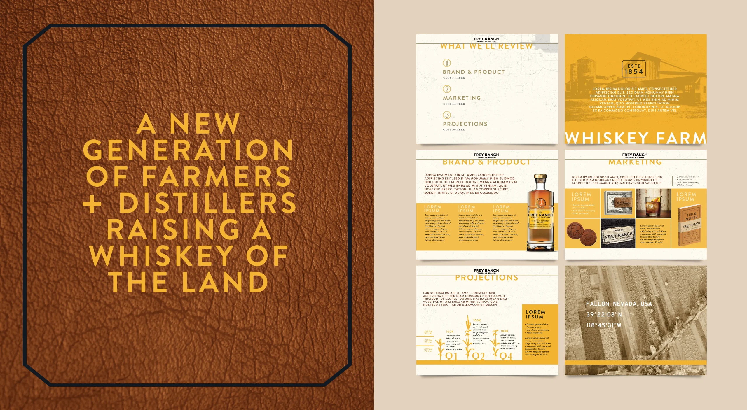 Frey Ranch premium bourbon whiskey brand design system for ground-to-glass Nevada craft distillery showcasing brand messaging, visual identity, and sales presentation templates.