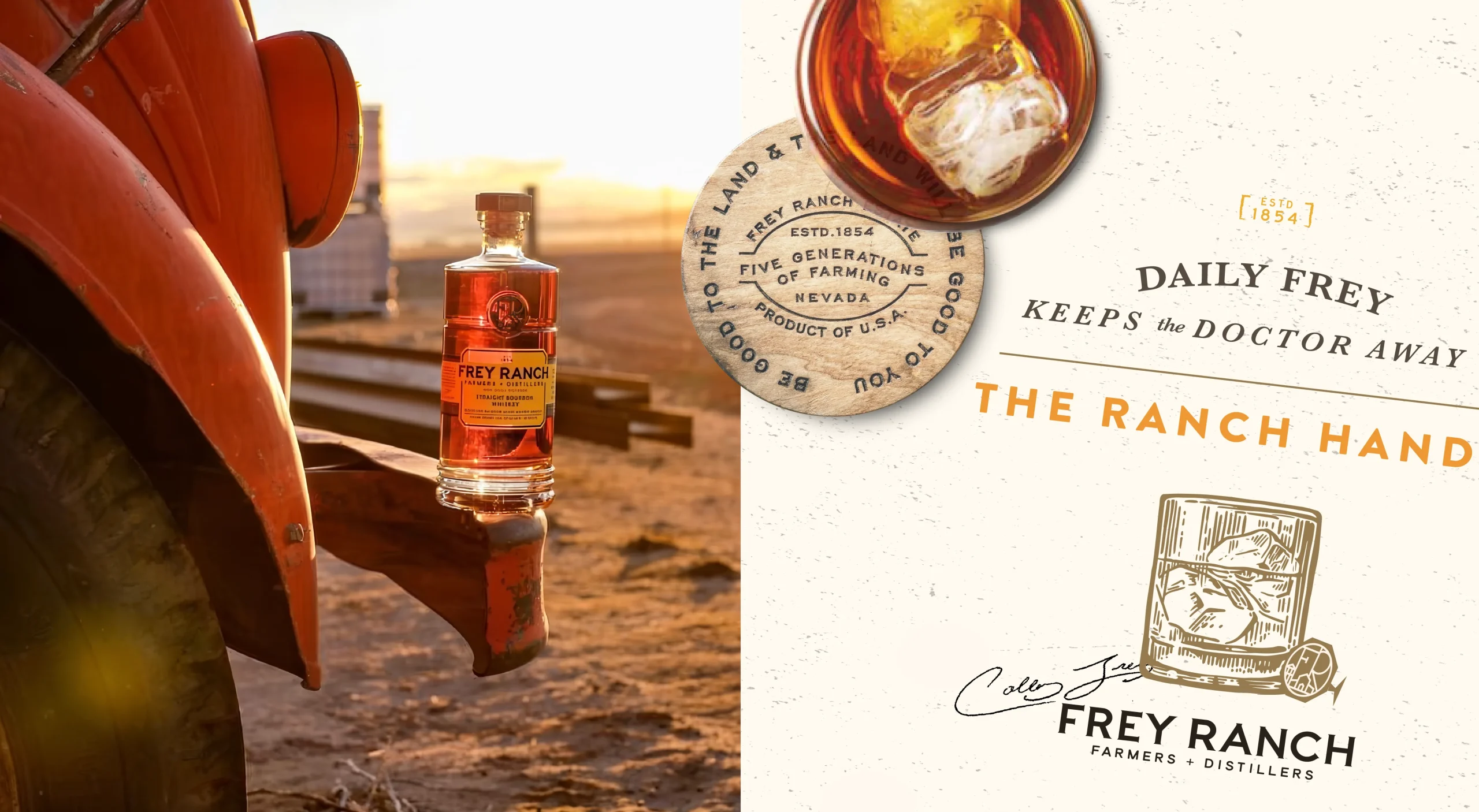 Frey Ranch premium bourbon whiskey brand design system for ground-to-glass Nevada craft distillery showcasing photography style, visual identity, and brand application.
