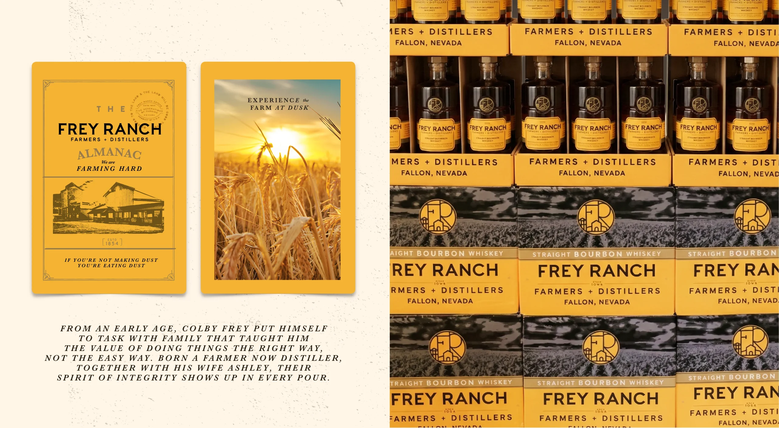 Frey Ranch premium bourbon whiskey brand design system for ground-to-glass Nevada craft distillery showcasing brand story, print brochure design, point-of-sale displays, and shipping cases.