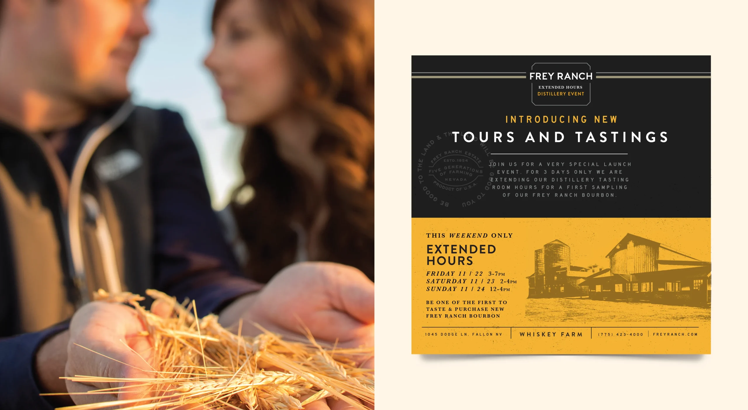 Frey Ranch premium bourbon whiskey brand design system for ground-to-glass Nevada craft distillery showcasing print design, digital design, and photography style.