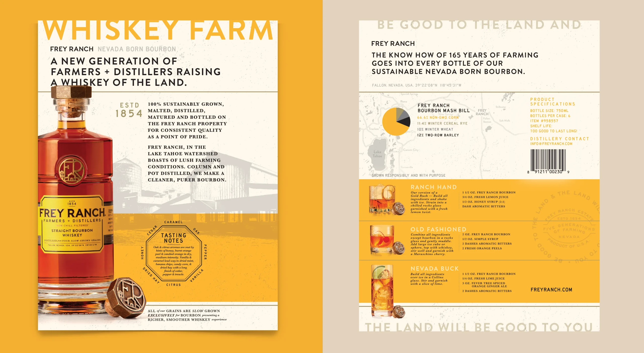 Frey Ranch premium bourbon whiskey brand design system for ground-to-glass Nevada craft distillery showcasing sales sheet design and distributor marketing materials.