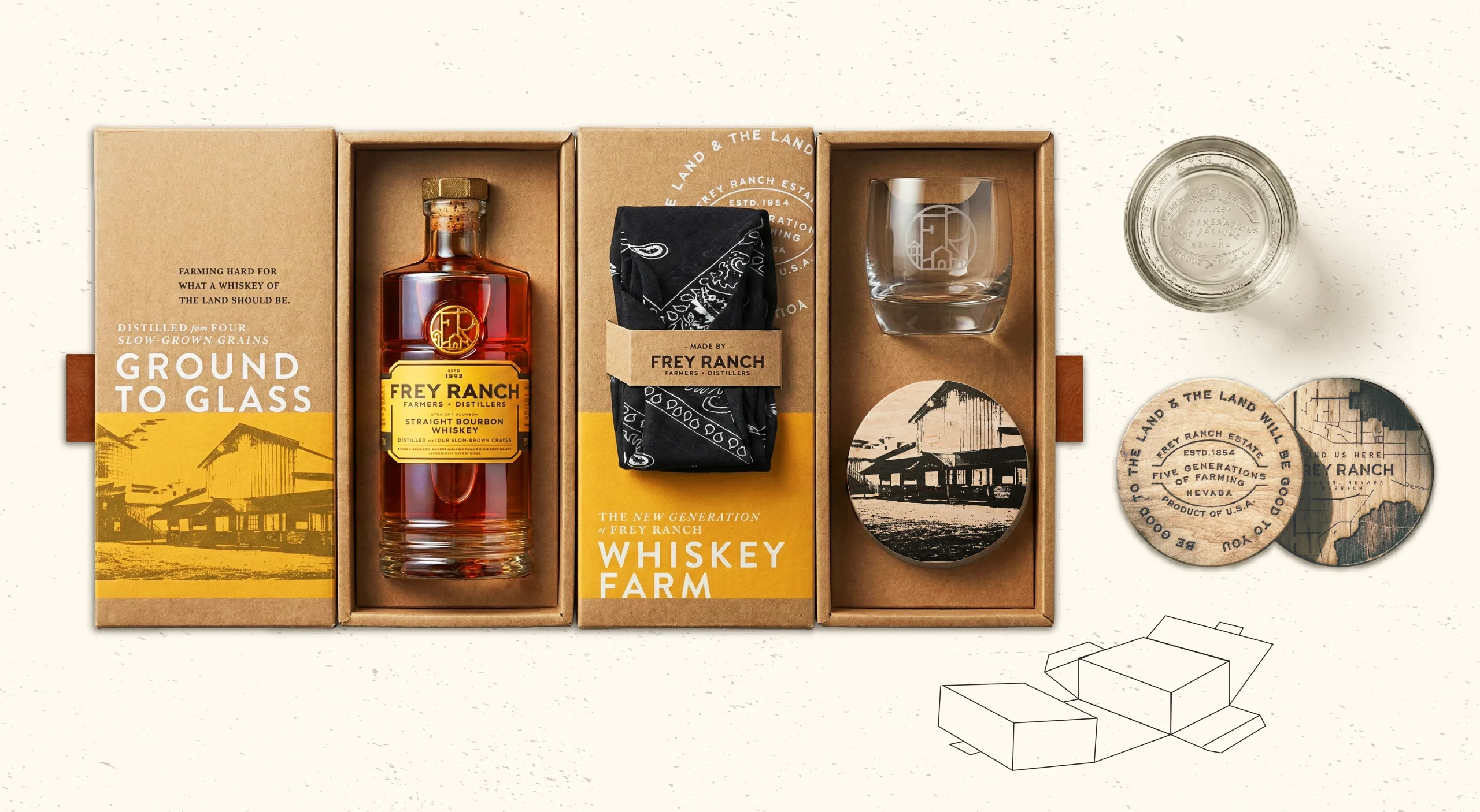 Frey Ranch premium bourbon whiskey brand design system for ground-to-glass Nevada craft distillery showcasing sales kit and brand applications.