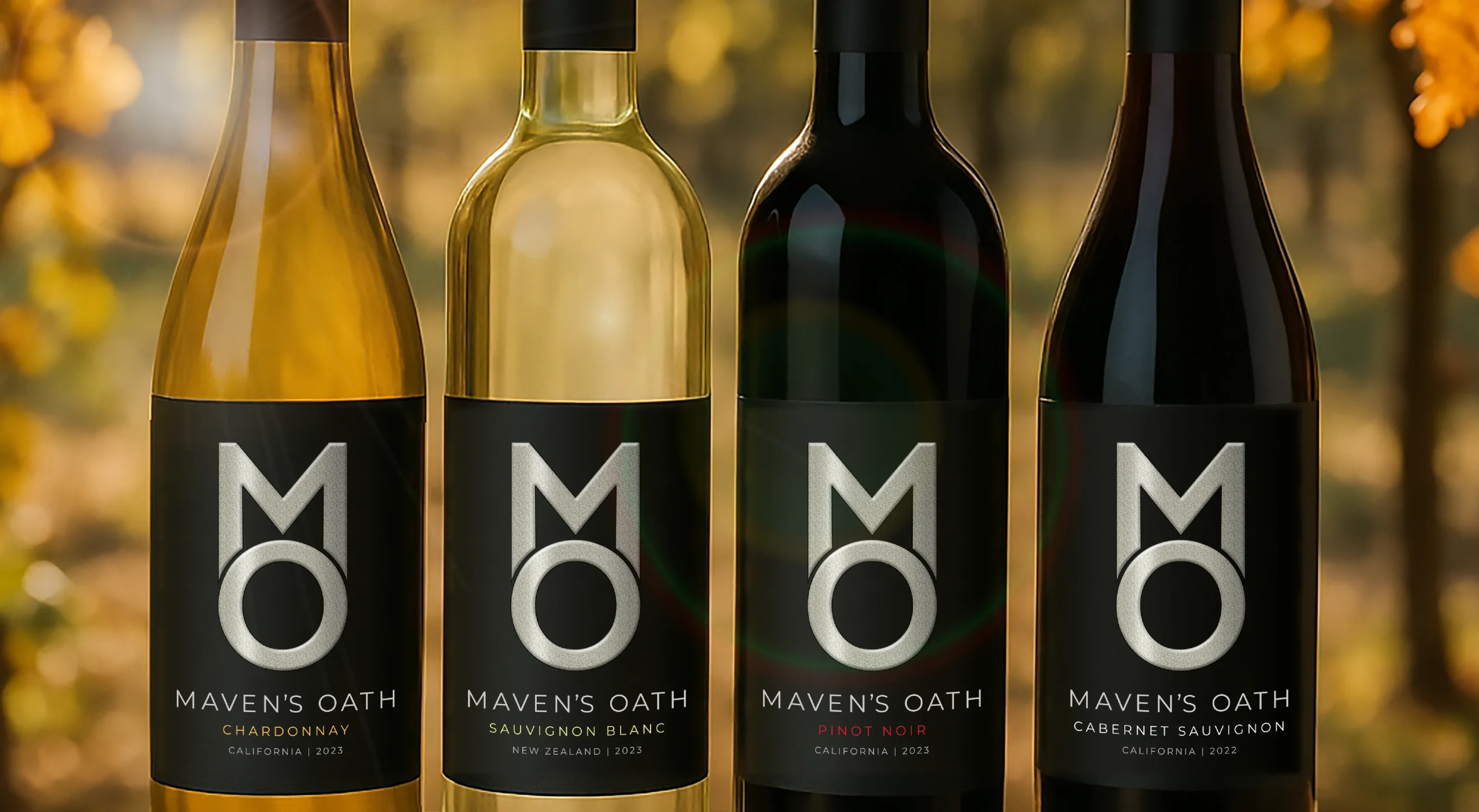 Maven's Oath premium wine collection for Loews Hotels brand design system featuring the complete bottle packaging design.