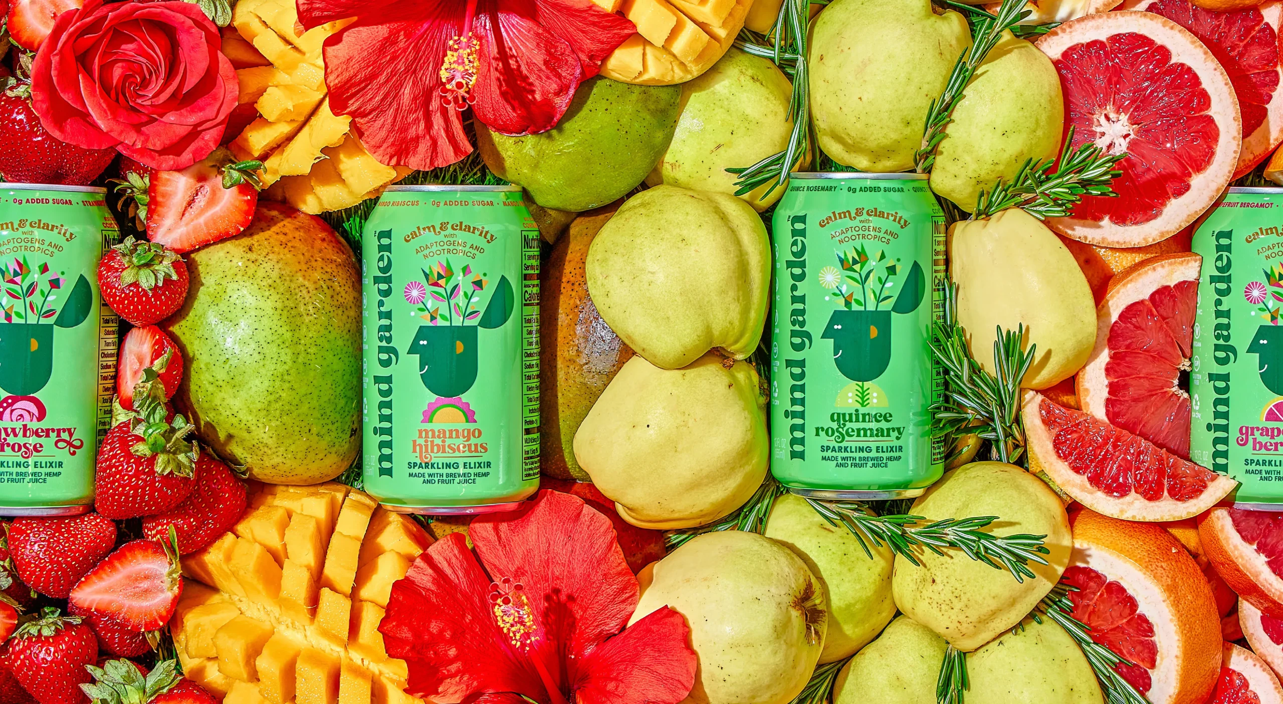 Mind Garden Sparkling Elixir functional beverage brand design system showcasing lifestyle product photography and package design.