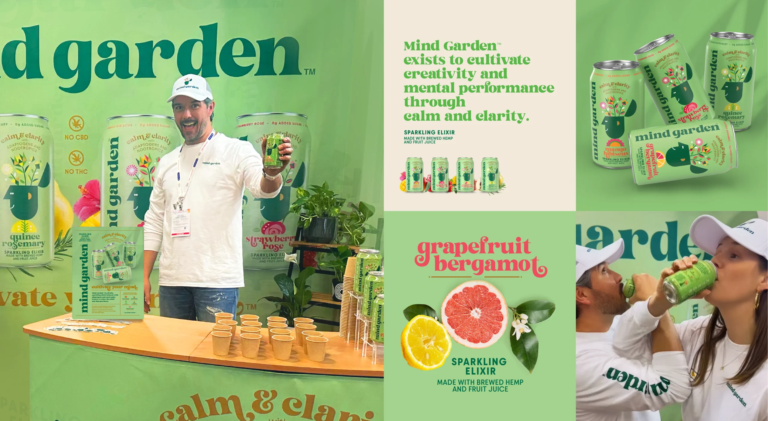 Mind Garden Sparkling Elixir functional beverage brand design system featuring website design, product photography, ingredient infographic illustration, and functional beverage educational content.