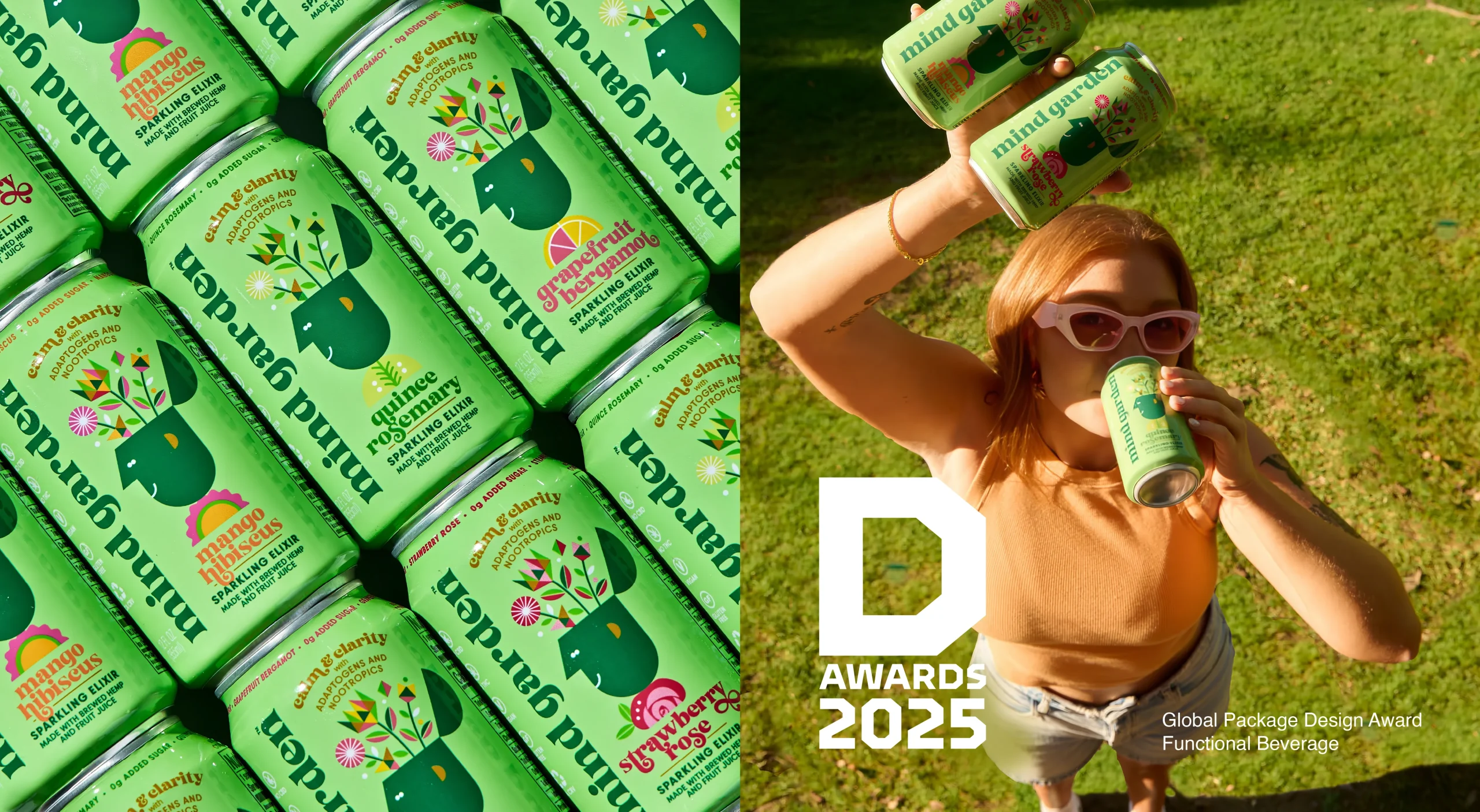 Mind Garden Sparkling Elixir functional beverage brand design system featuring award-winning package design, Dieline Awards 2025 Global Package Design winner.