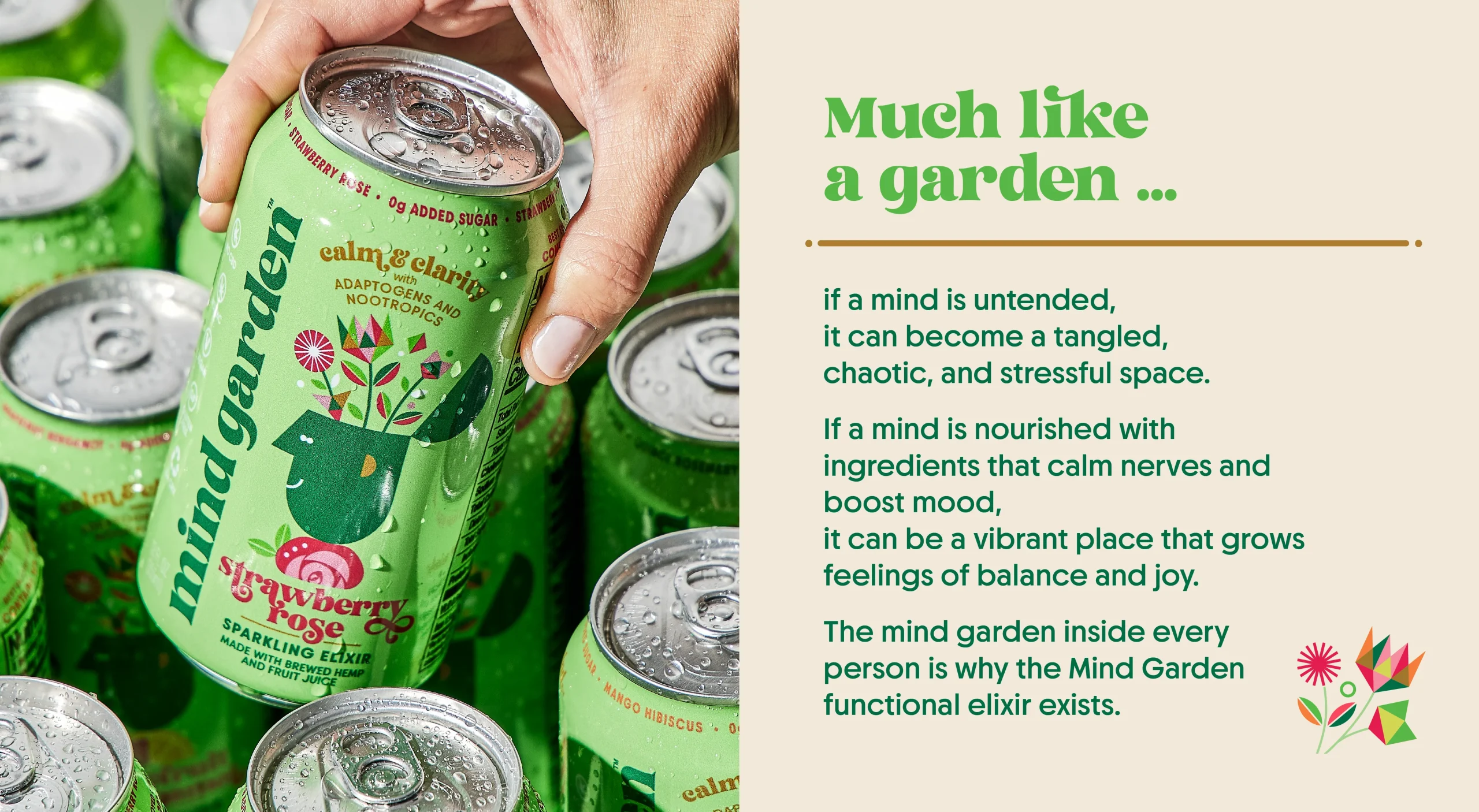 Mind Garden Sparkling Elixir functional beverage brand design system highlighting brand storytelling, product photography, and garden metaphor messaging with botanical illustration.