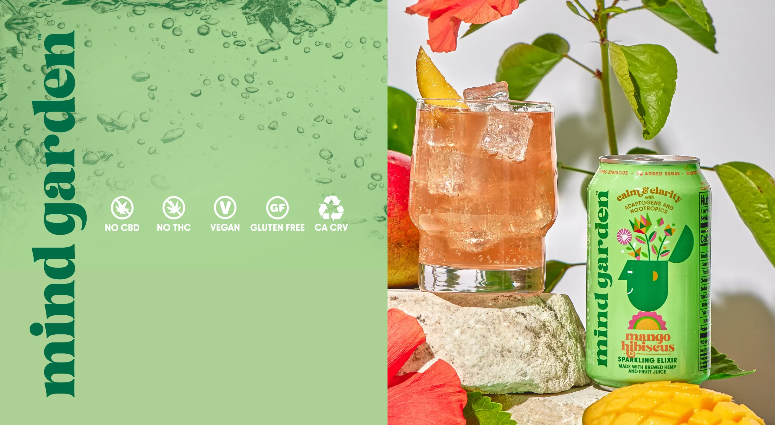 Mind Garden Sparkling Elixir functional beverage brand design system highlighting product certifications, brand identity, package design, and product photography.