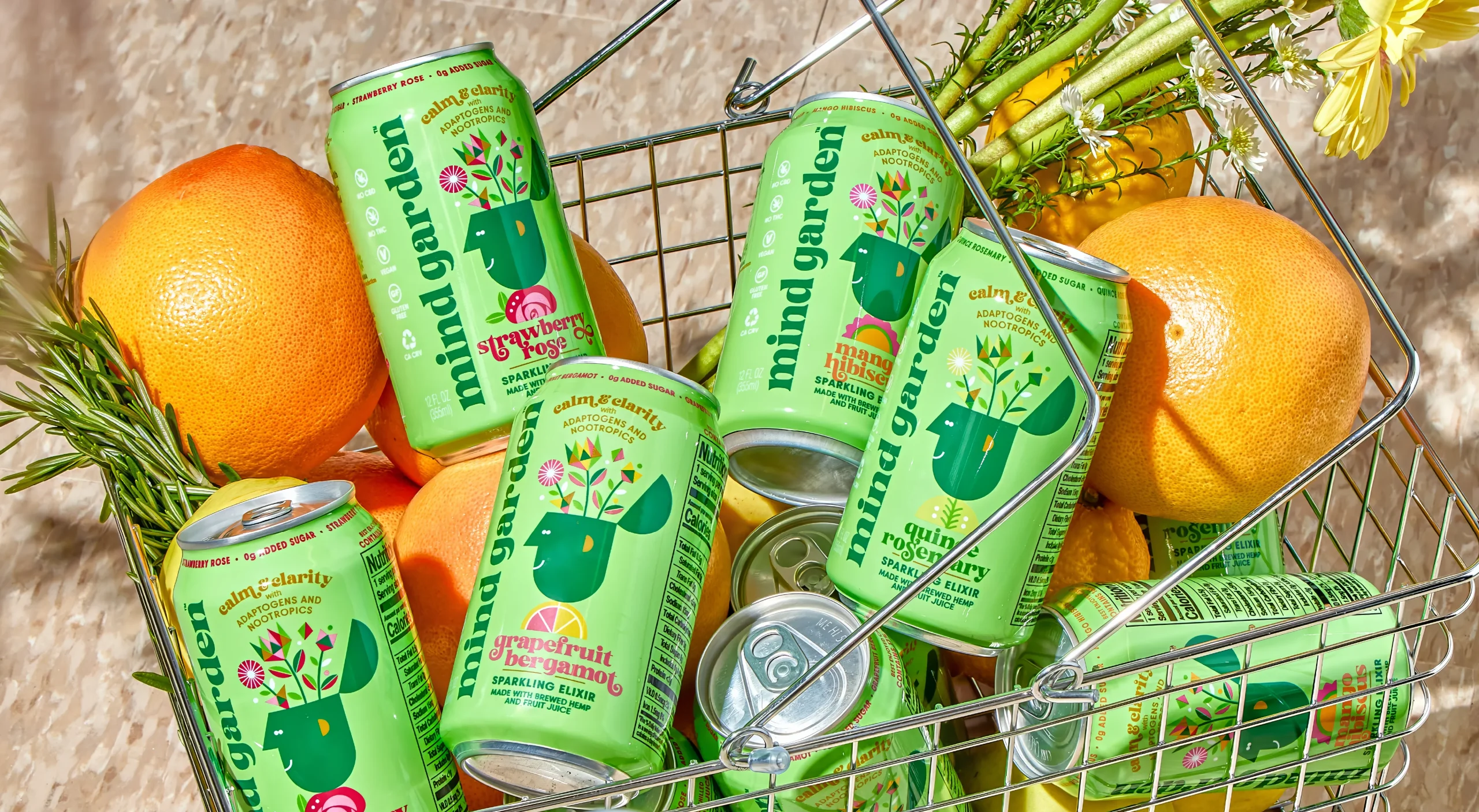 Mind Garden Sparkling Elixir functional beverage brand design system showcasing package designs for Strawberry Rose, Mango Hibiscus, Quince Rosemary, and Grapefruit Bergamot.