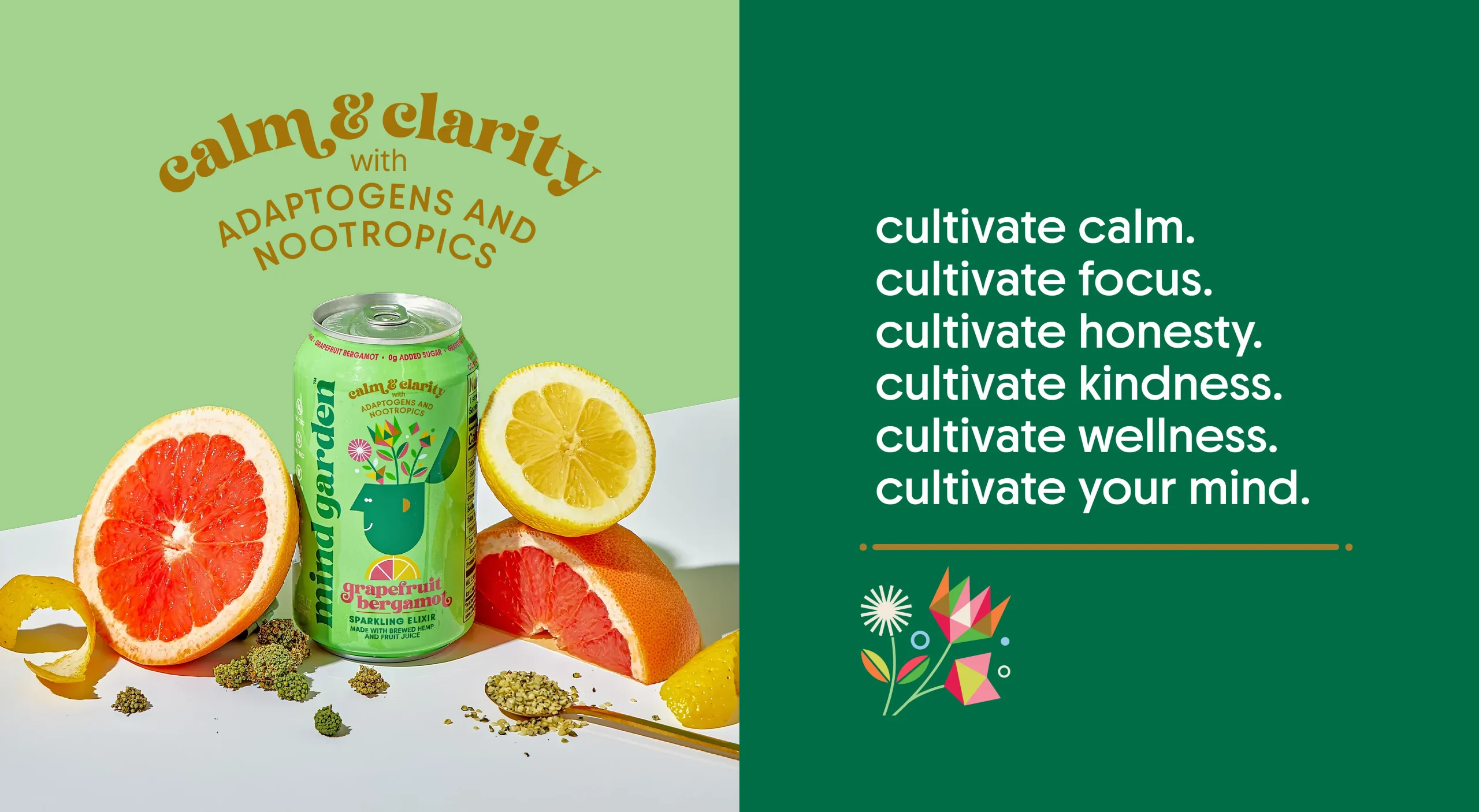 Mind Garden Sparkling Elixir functional beverage brand design system featuring Calm and Clarity adaptogen messaging, Grapefruit Bergamot product photography, and brand messaging.