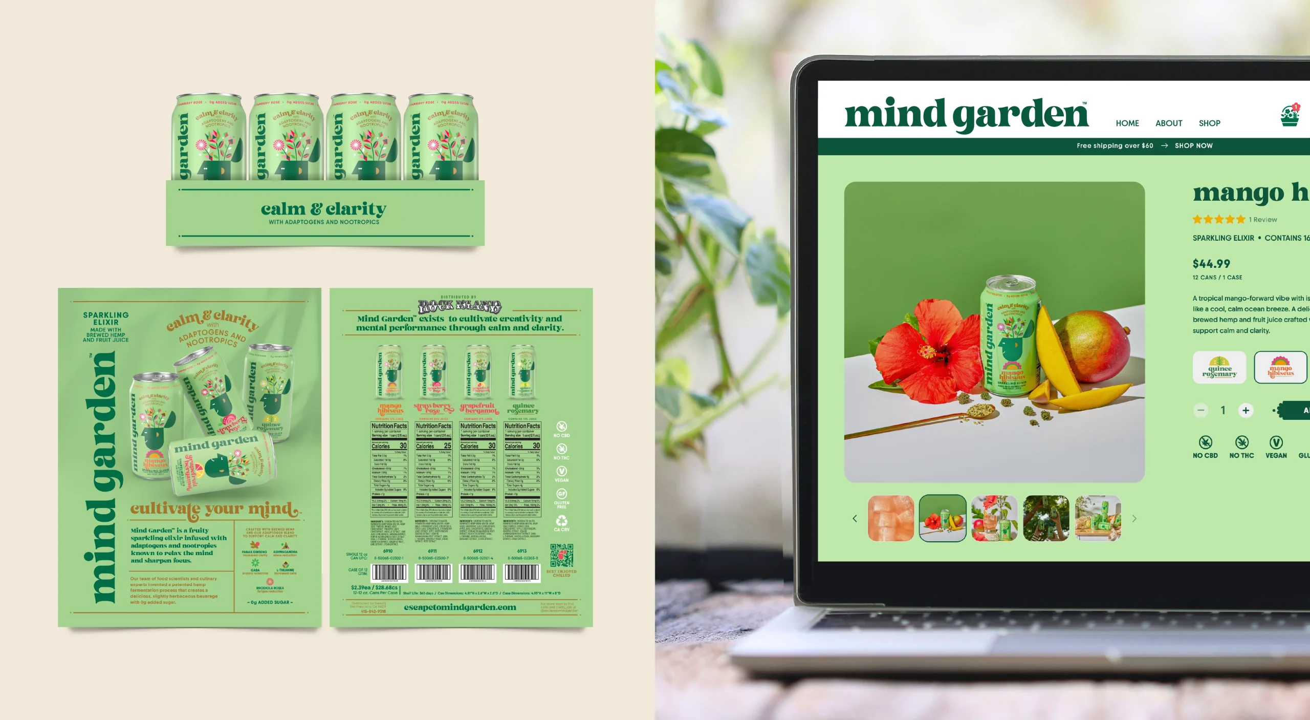 Mind Garden Sparkling Elixir functional beverage brand design system highlighting retail packaging, sell sheet with nutrition facts, and e-commerce website product page design.