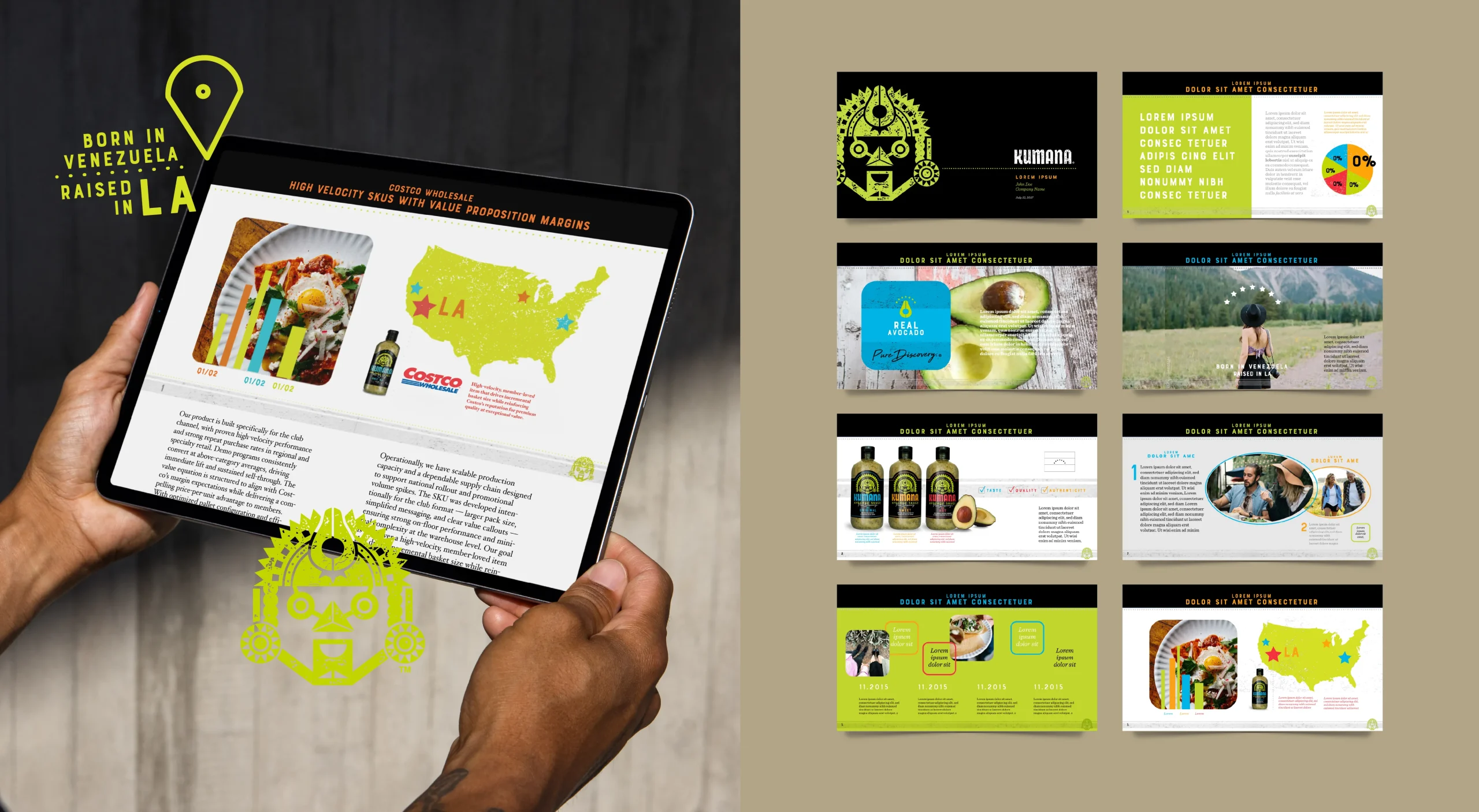 Kumana natural foods brand design system featuring brand system overview and sales presentation design.