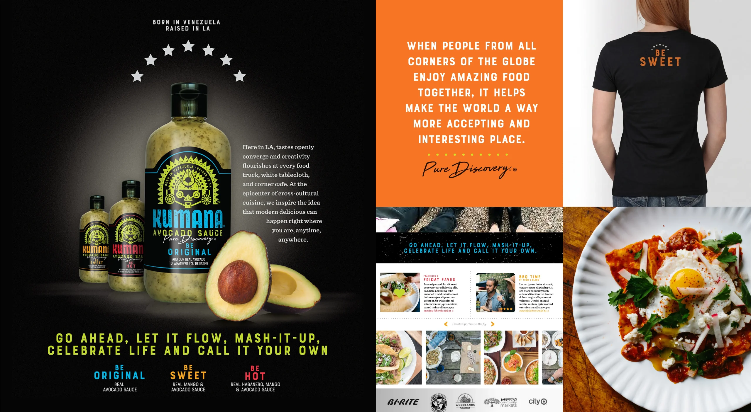 Kumana natural foods brand design system showcasing brand story, sell sheet design, brand merchandise, website design, and food photography.