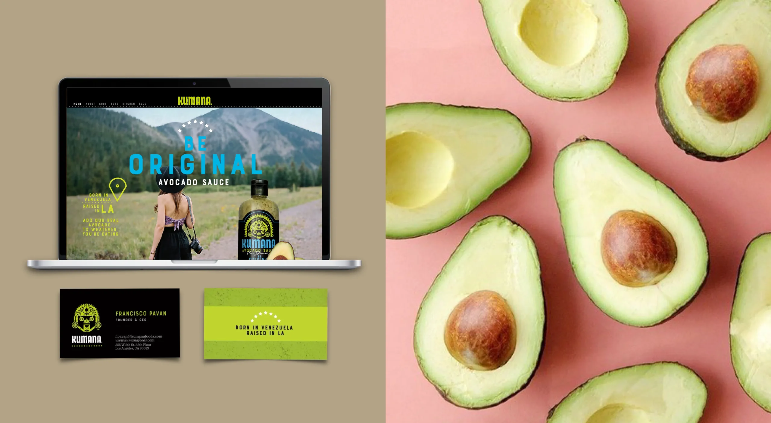 Kumana natural foods brand design system featuring website design, business card design, and food photography.