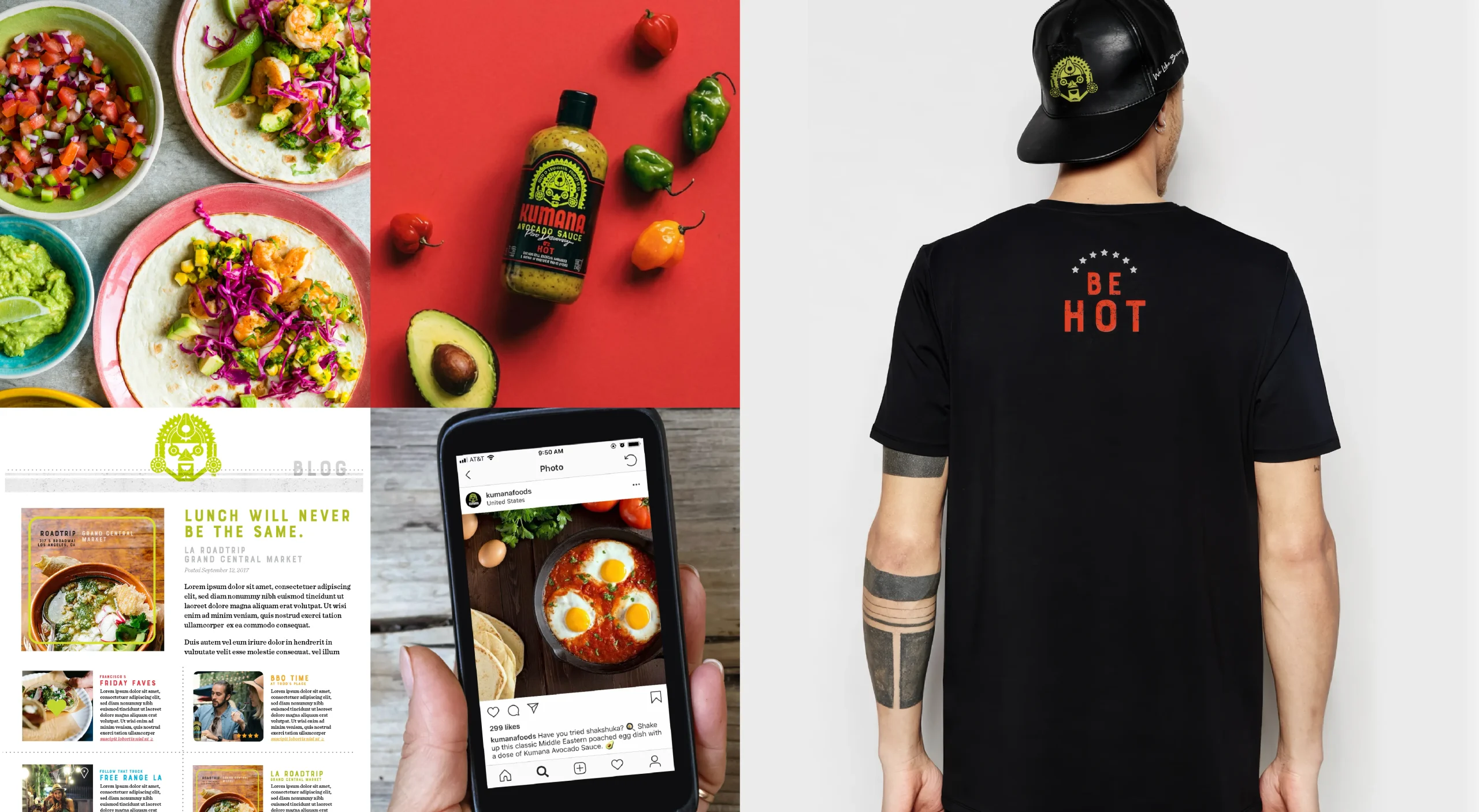 Kumana natural foods brand design system showcasing website design, food photography, social media templates, and brand merchandise.