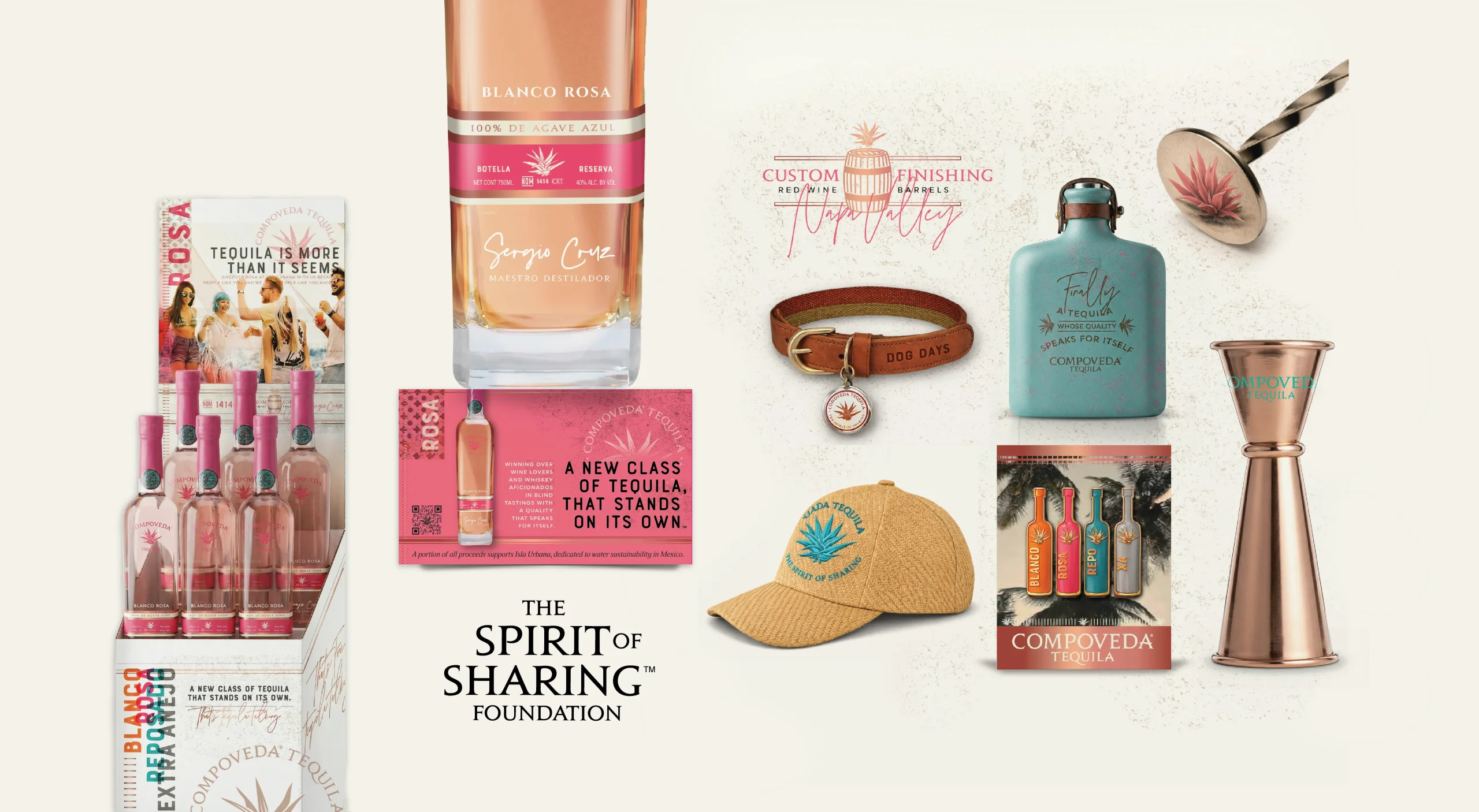 Compoveda Tequila premium spirits brand design system showcasing sales presentation design, social media templates, and promotional merchandise.