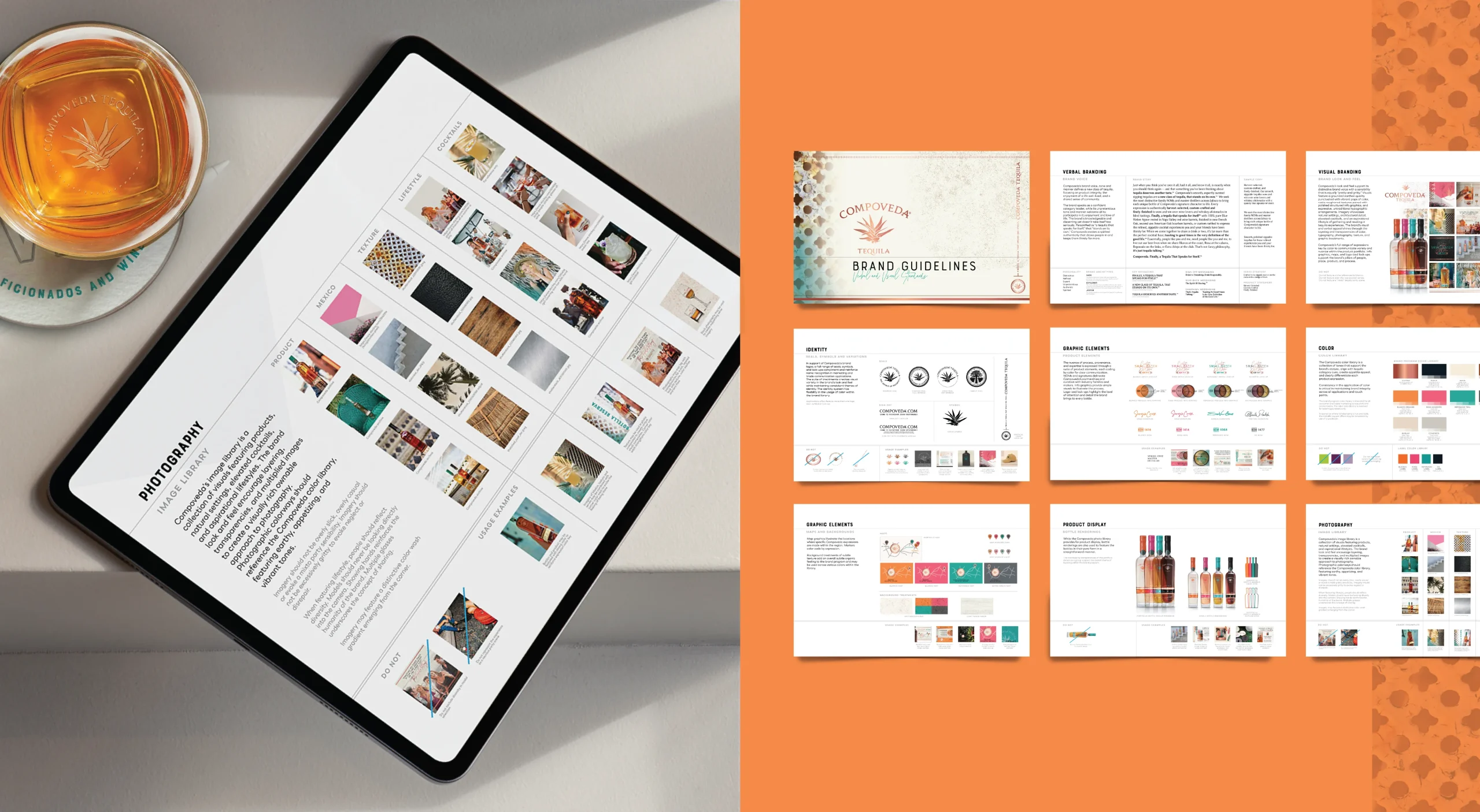 Compoveda Tequila premium spirits brand design system including brand guidelines, photography direction, and visual standards.
