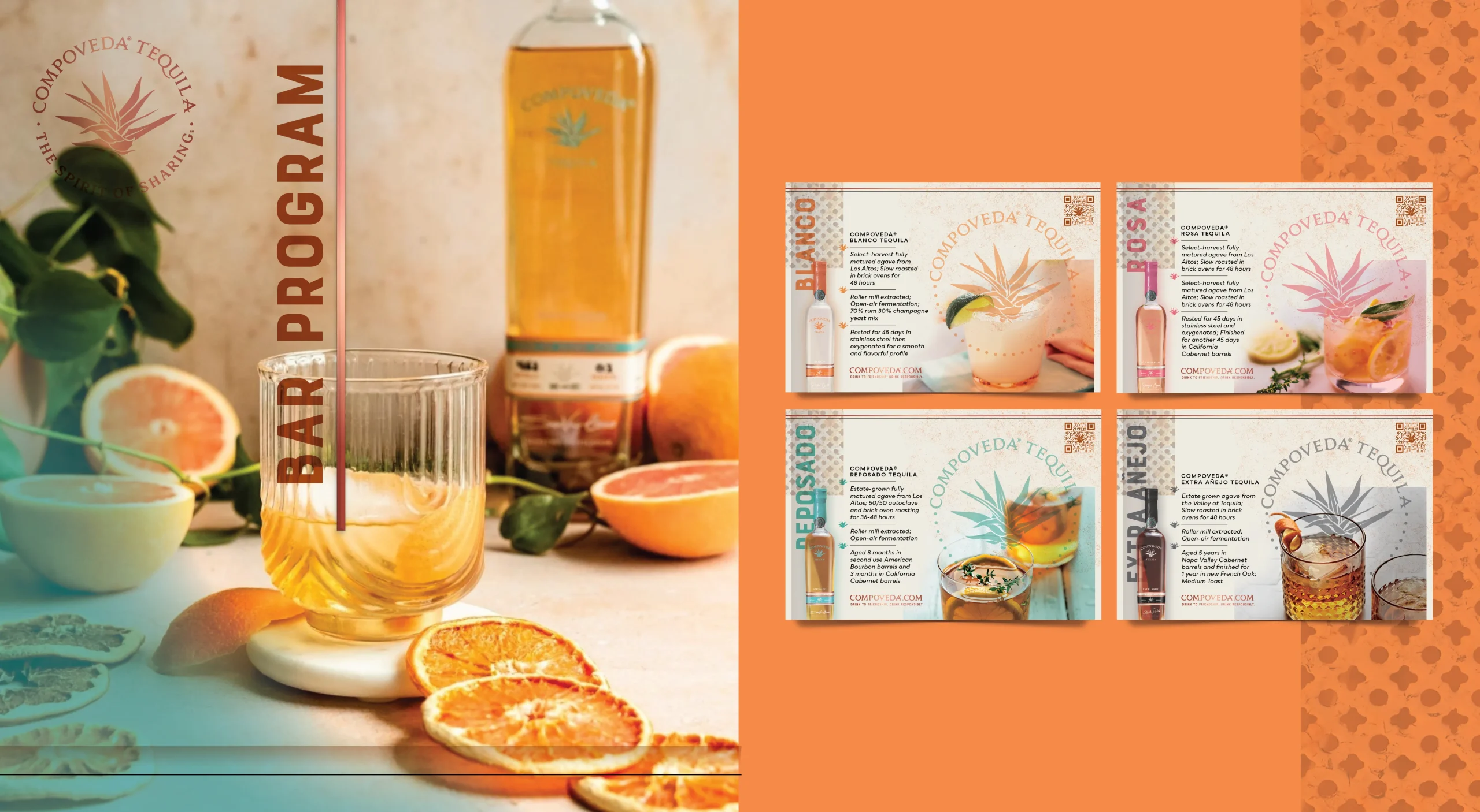 Compoveda Tequila premium spirits brand design system highlighting on-premise bar program print collateral and trade support materials.