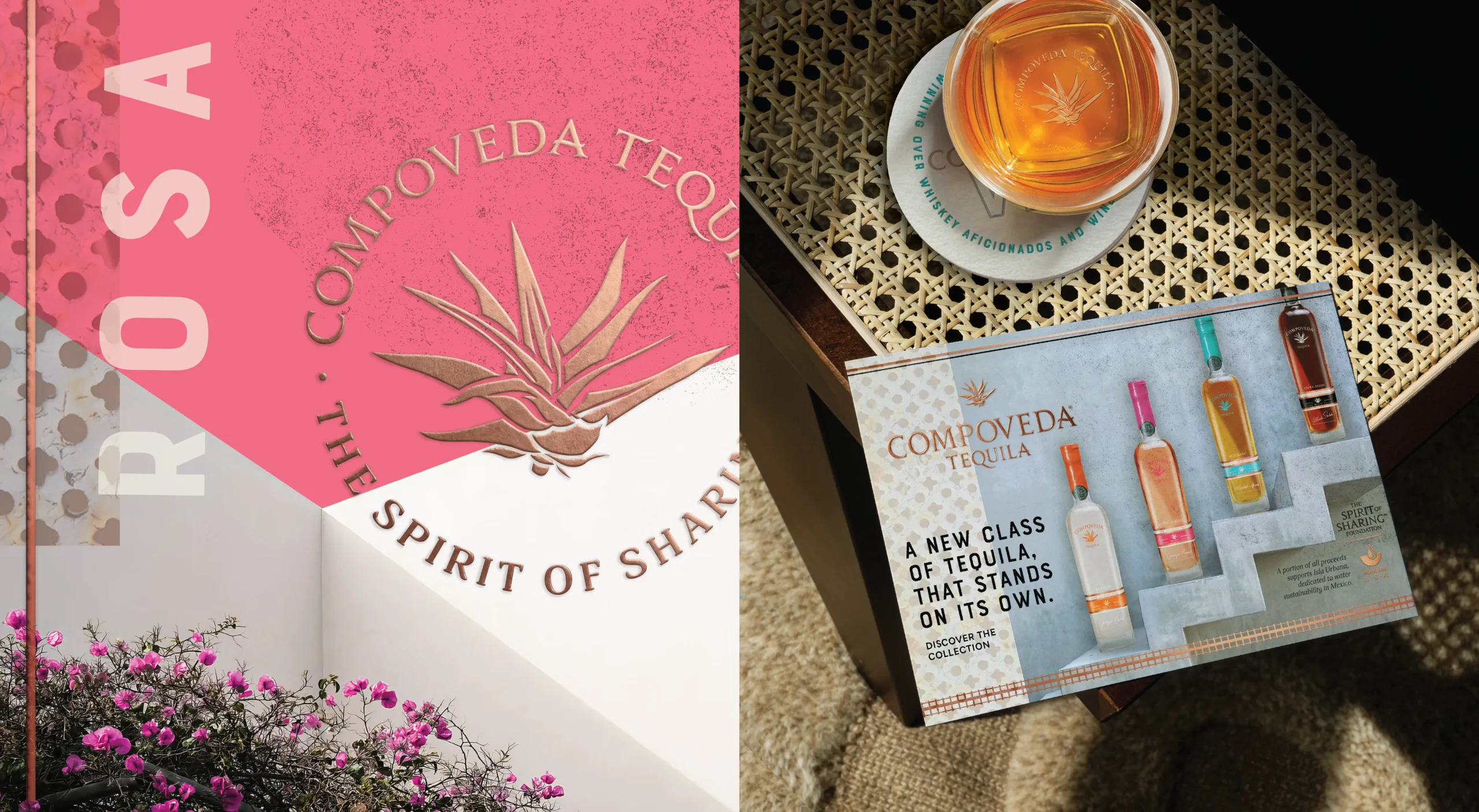 Compoveda Tequila premium spirits brand design system featuring integrated digital and print marketing assets.