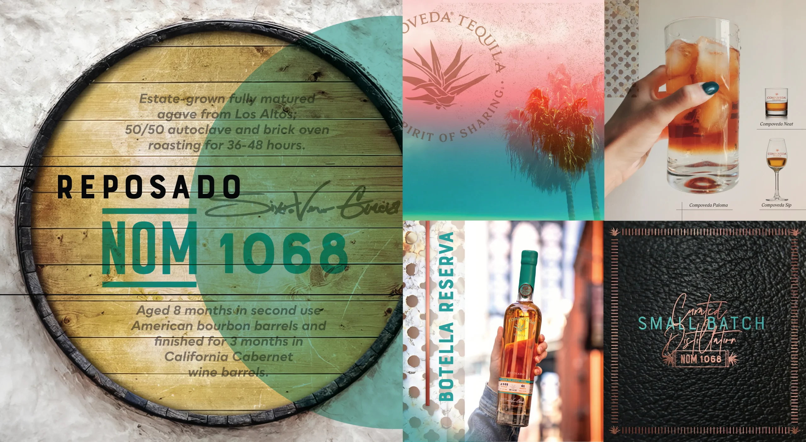 Compoveda Tequila premium spirits brand design system featuring branded social media content and digital campaign assets.