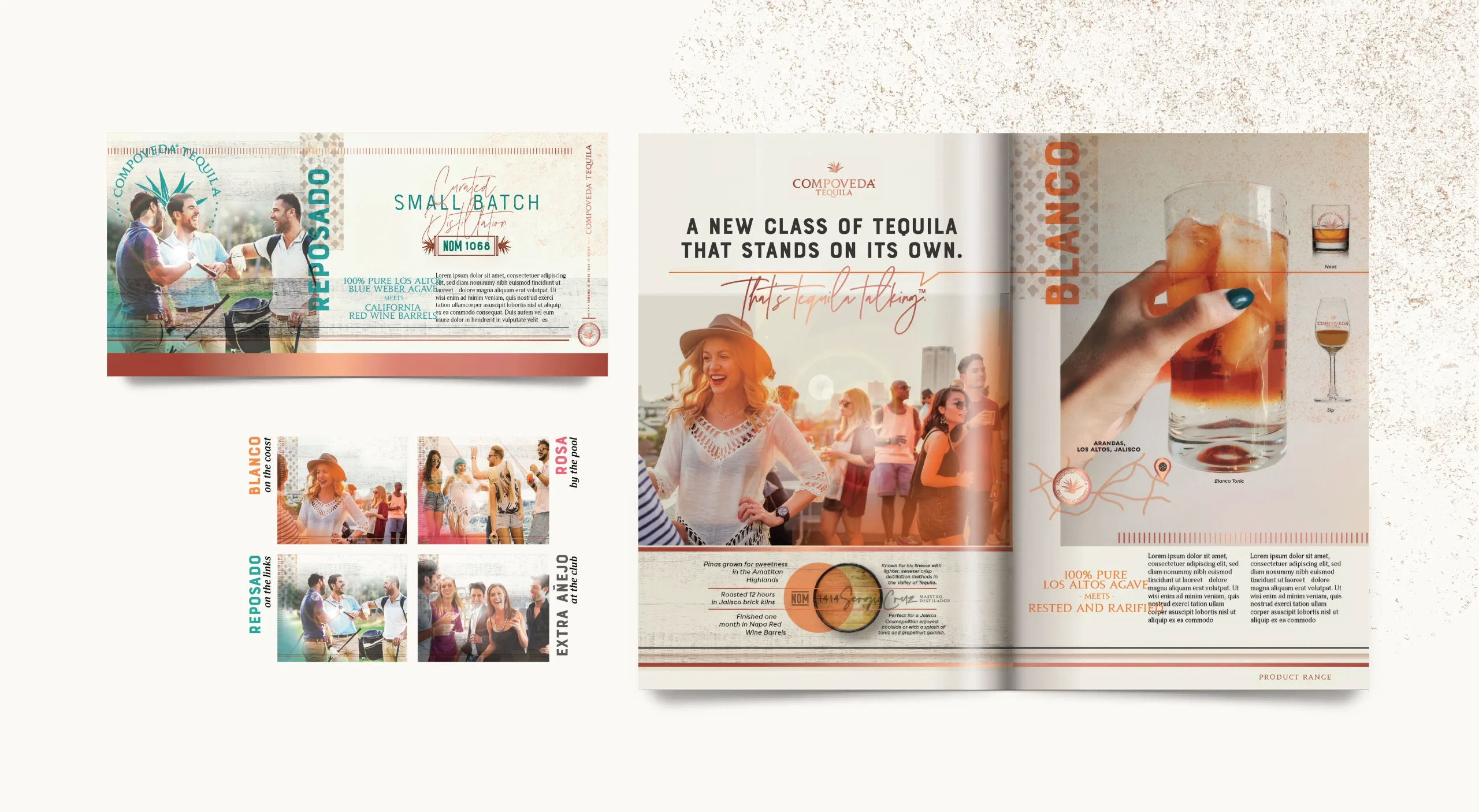 Compoveda Tequila premium spirits brand design system highlighting premium print collateral and campaign materials.