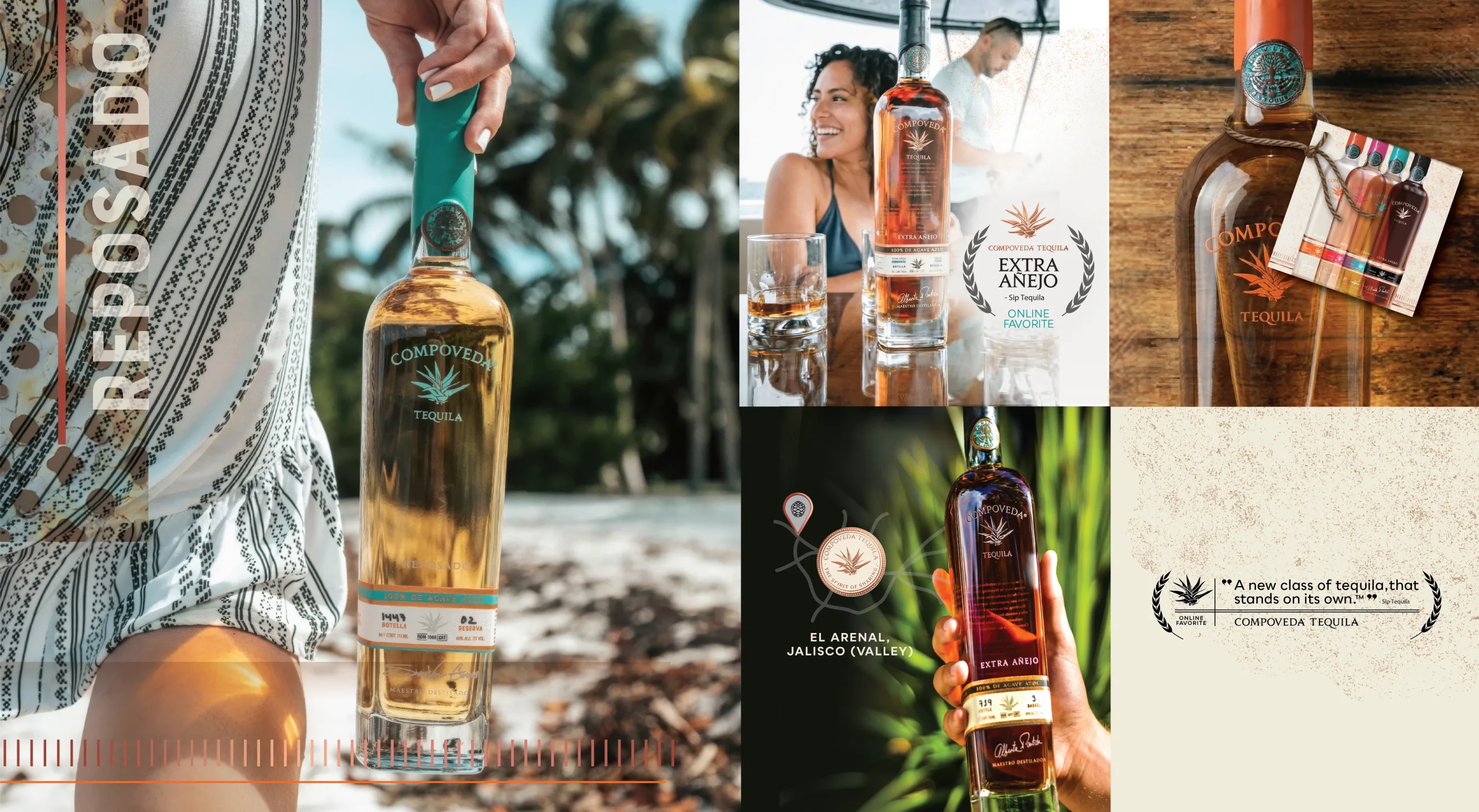 Compoveda Tequila premium spirits brand design system featuring social media content and point-of-sale display materials.