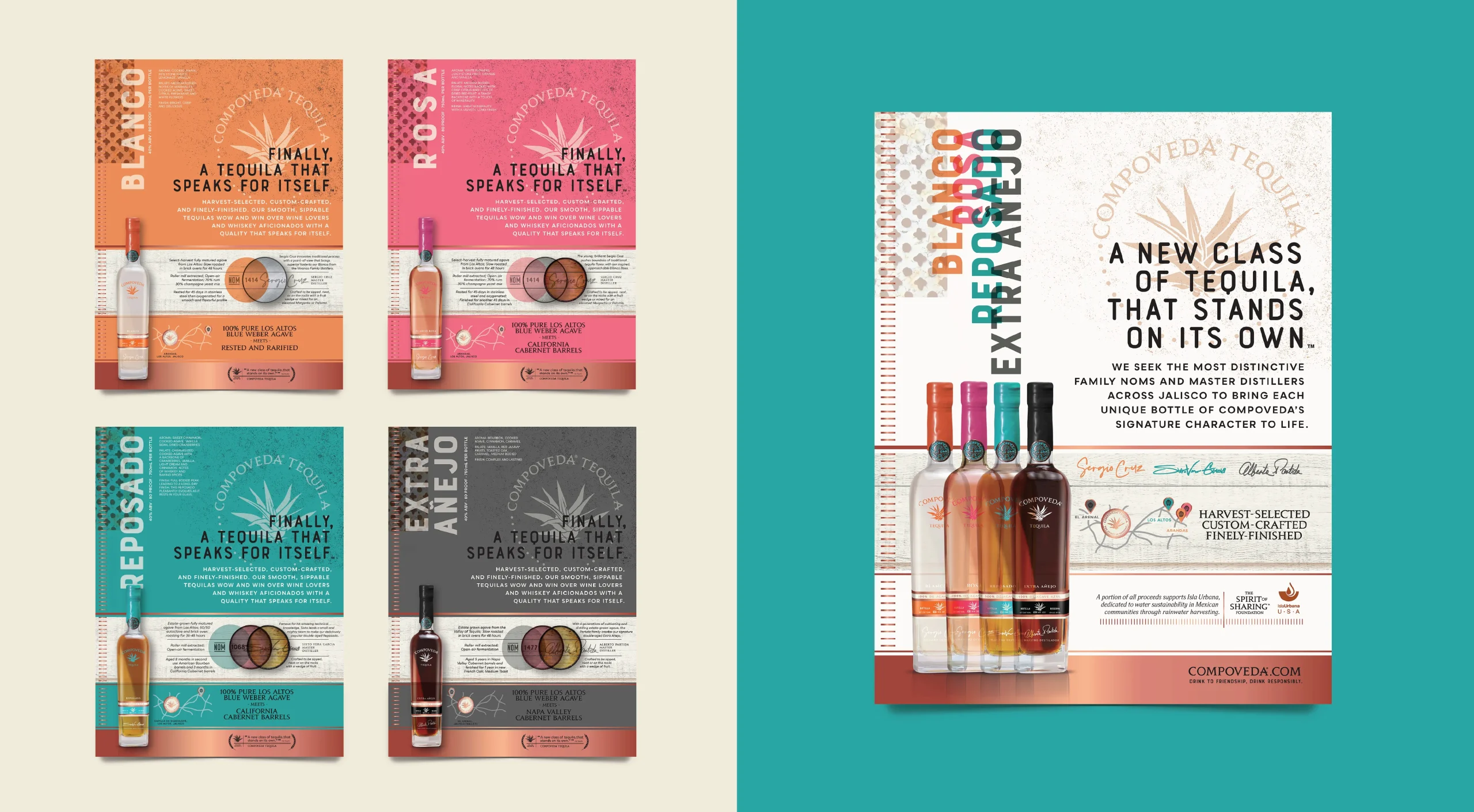 Compoveda Tequila premium spirits brand design system highlighting trade sell sheets and distributor-facing marketing materials.