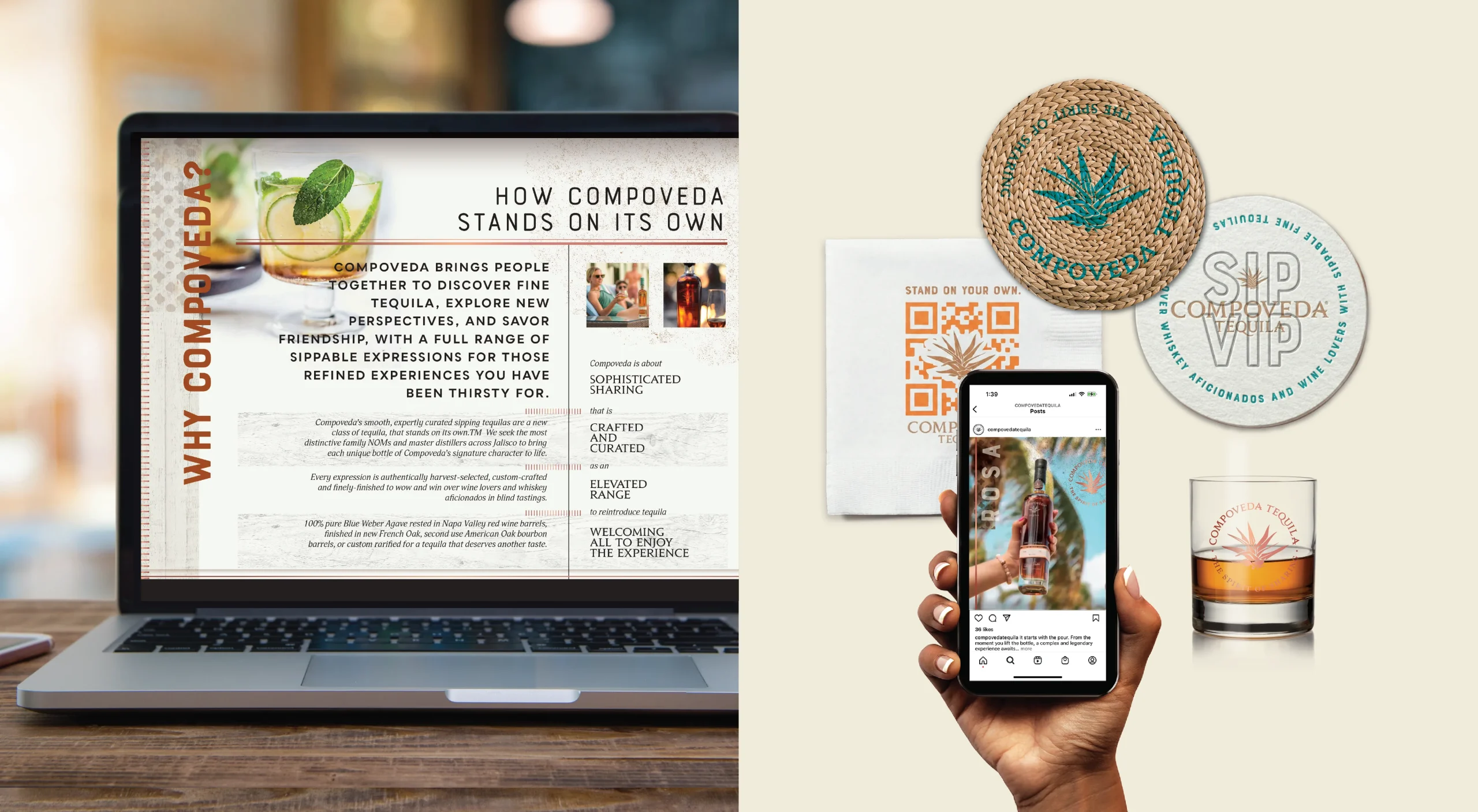 Compoveda Tequila premium spirits brand design system featuring sales presentation templates, social media assets, and branded promotional giveaways.