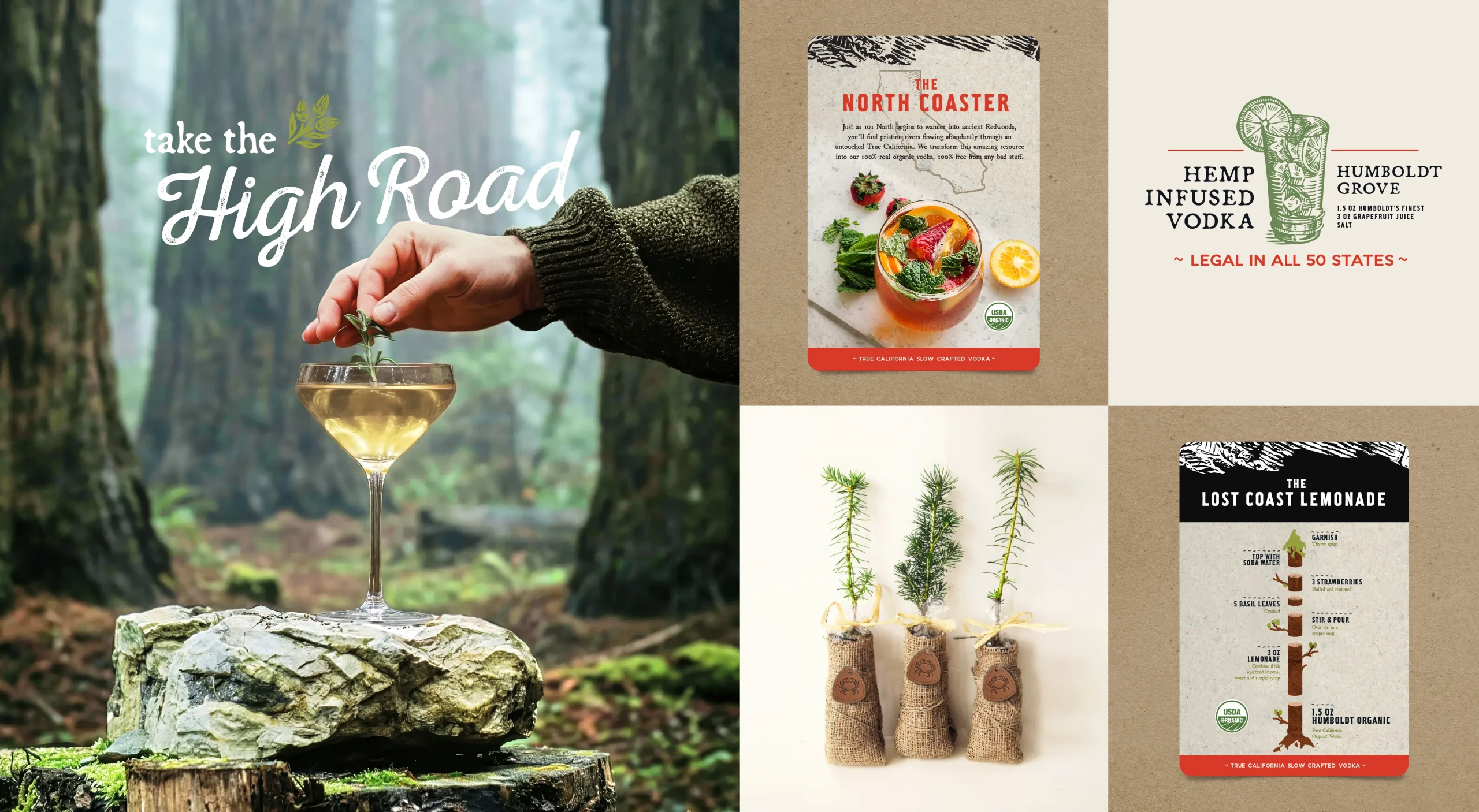 Humboldt Distilling brand design system showcasing brand story, community partnership, and product photography.