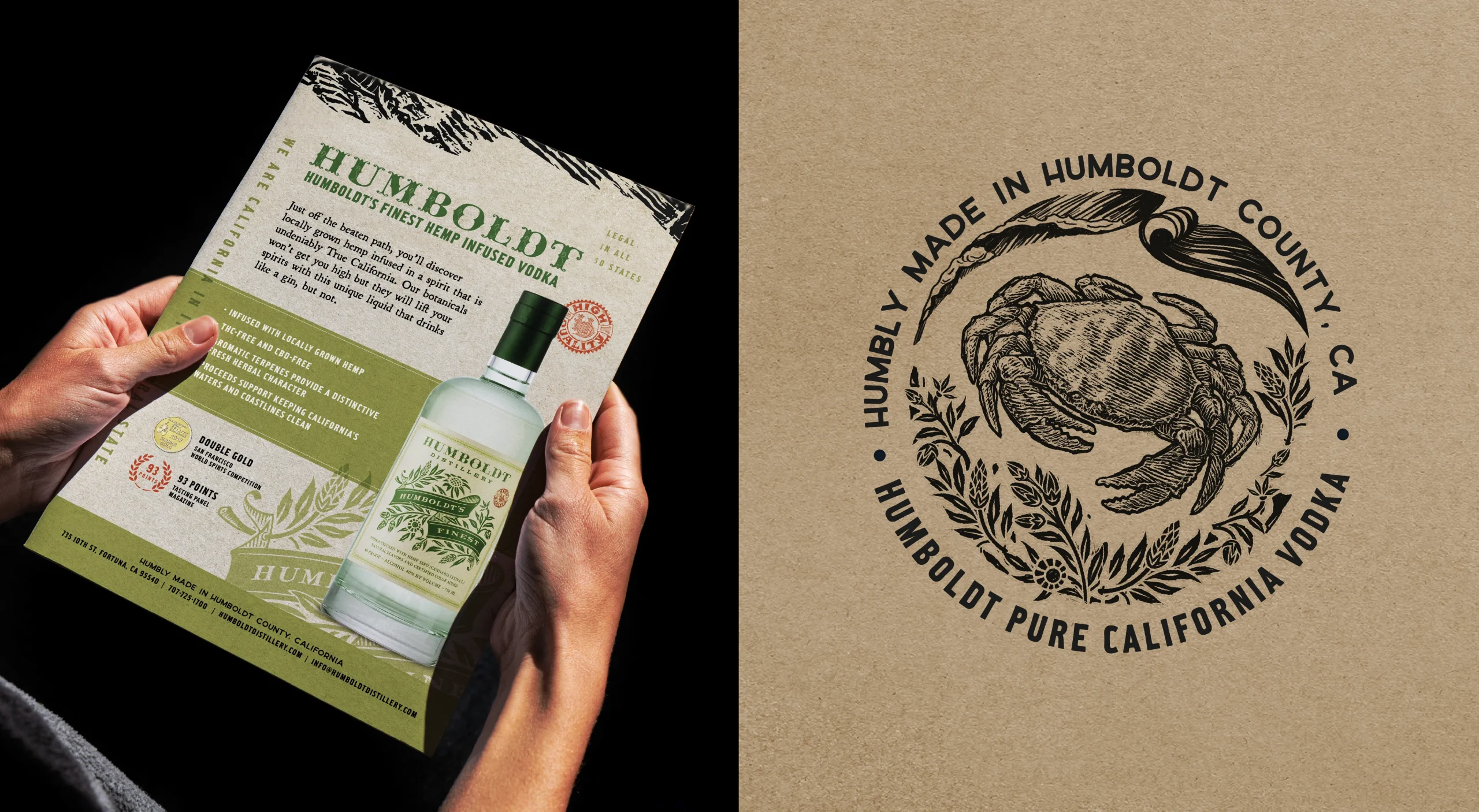 Humboldt Distilling brand design system showcasing brand identity and sell sheet design.