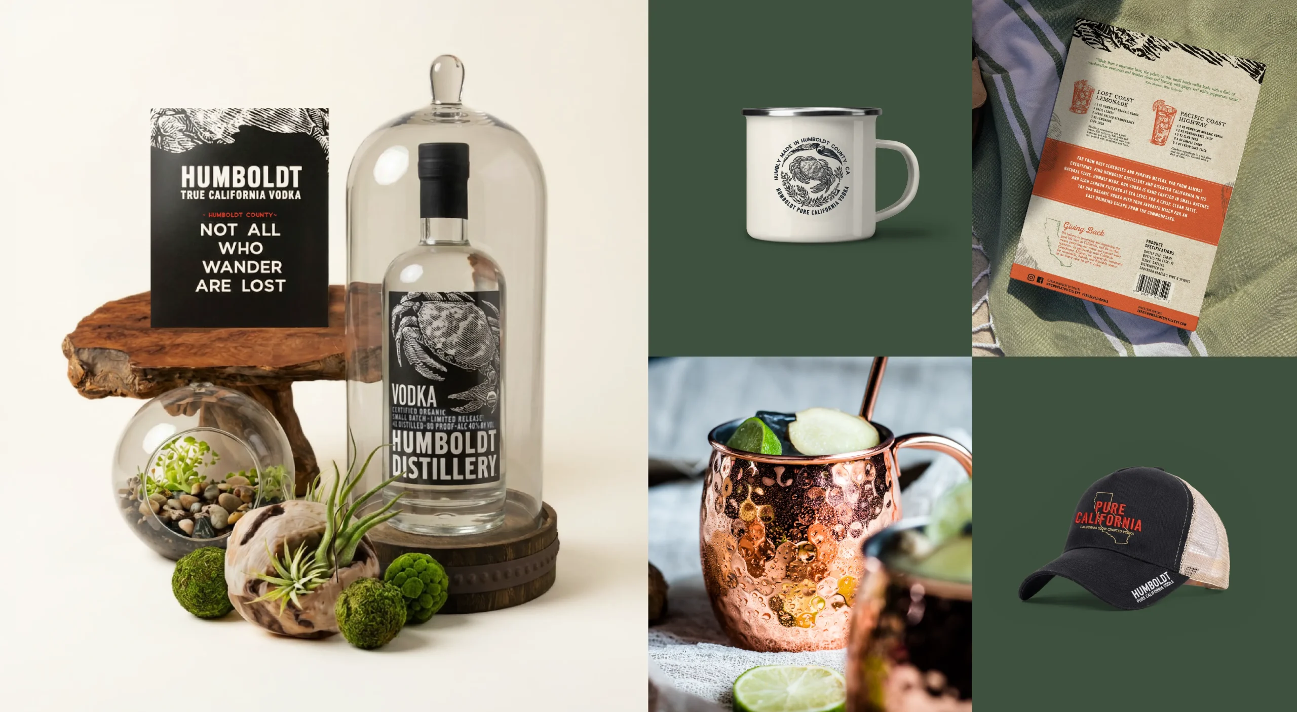 Humboldt Distilling brand design system featuring trade show display, brand merchandise, sell sheet design, and product photography.
