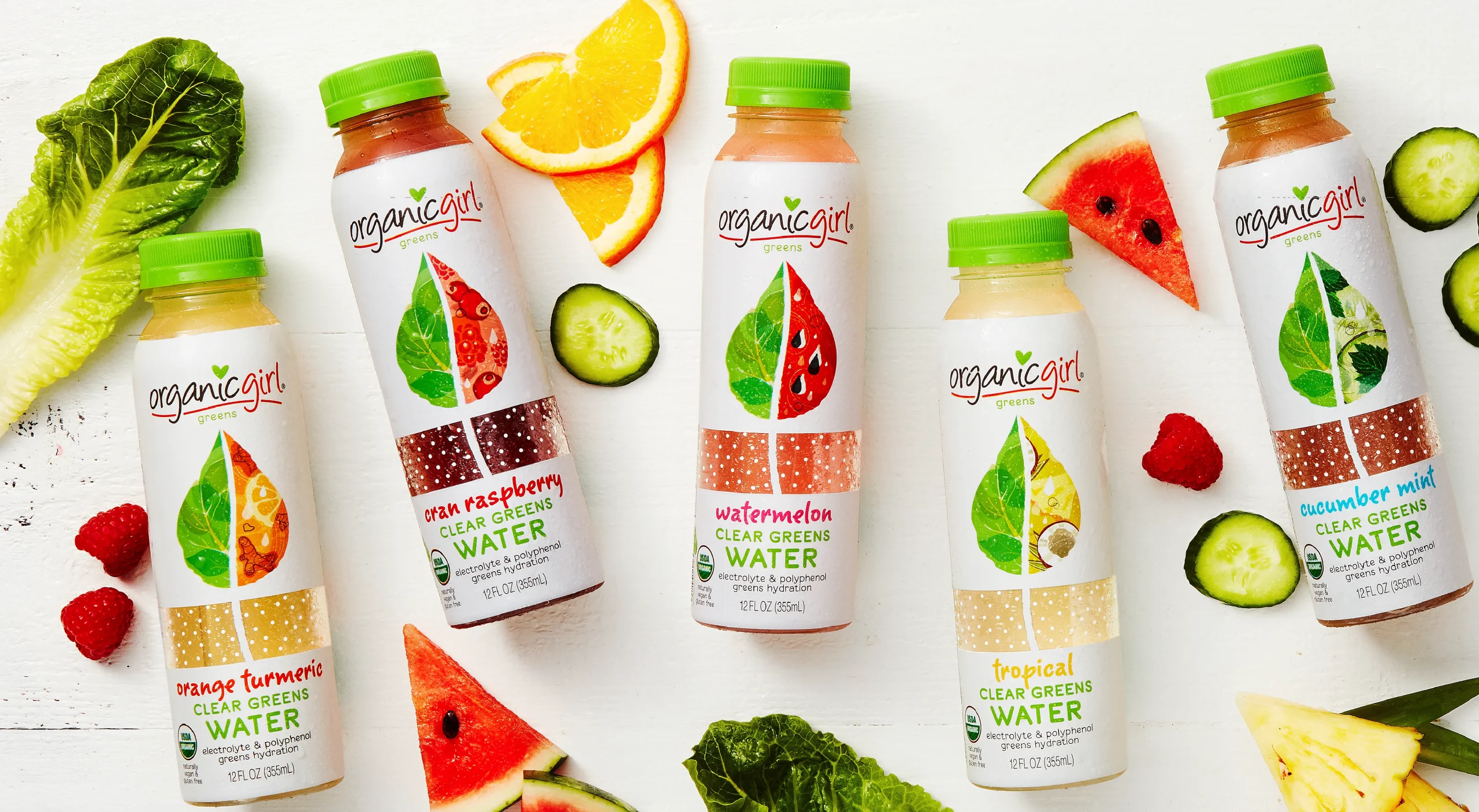 Organicgirl clear greens organic functional beverage brand design system showcasing package design and product photography.