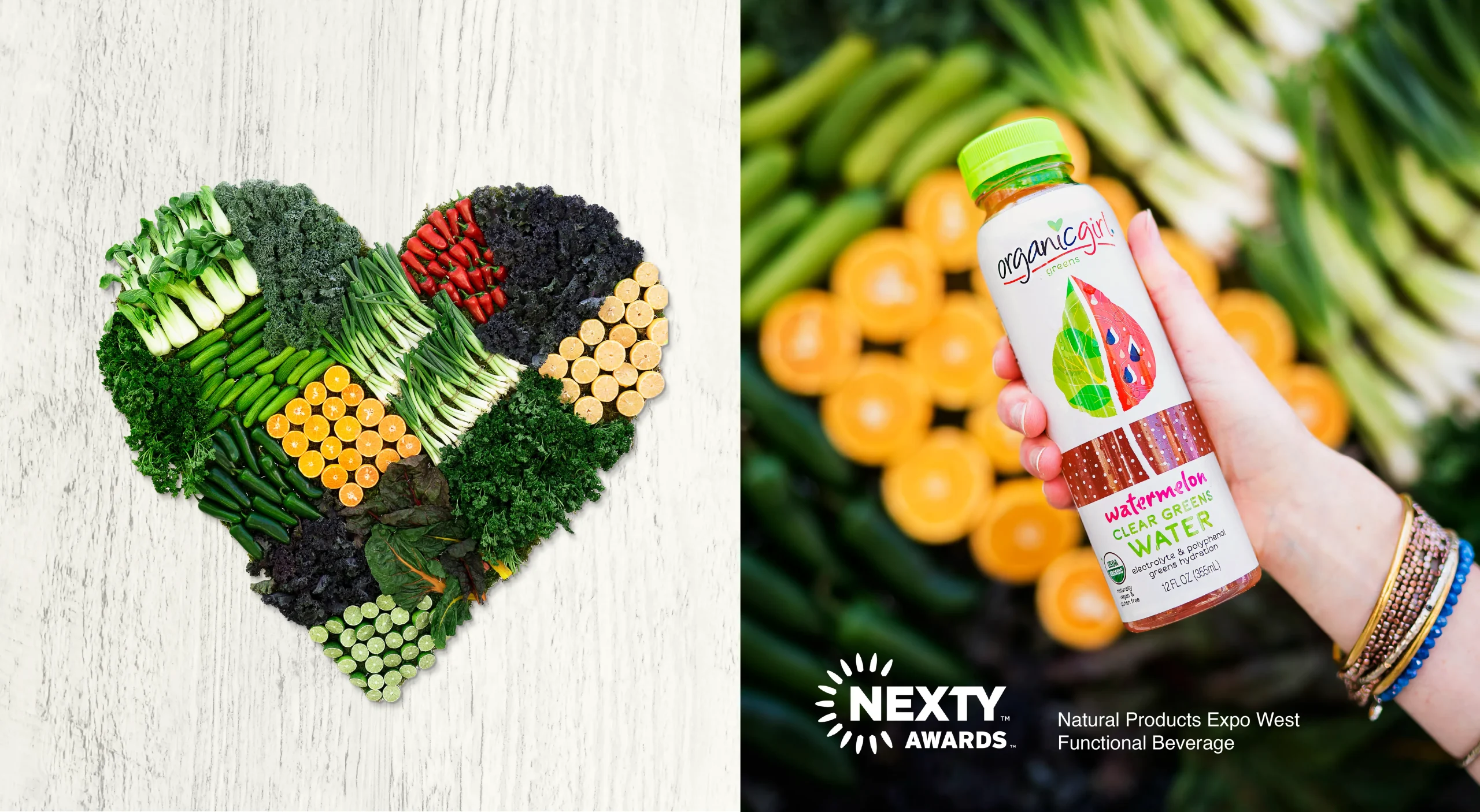Organicgirl clear greens organic functional beverage brand design system showcasing Natural Products Expo West NEXTY Award-winning product and trade show booth design.