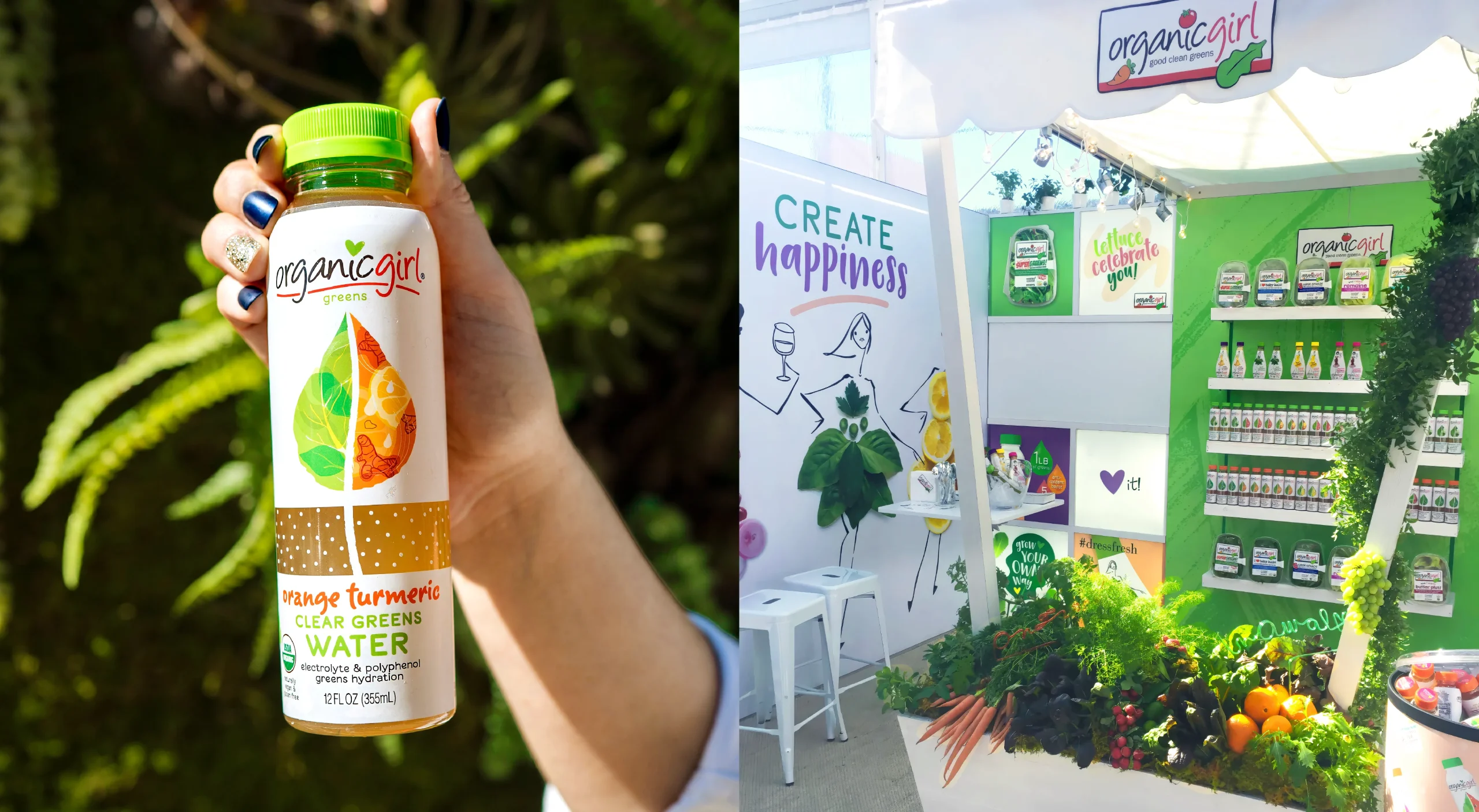 Organicgirl clear greens organic functional beverage brand design system showcasing package design and Natural Products Expo West trade show booth design.