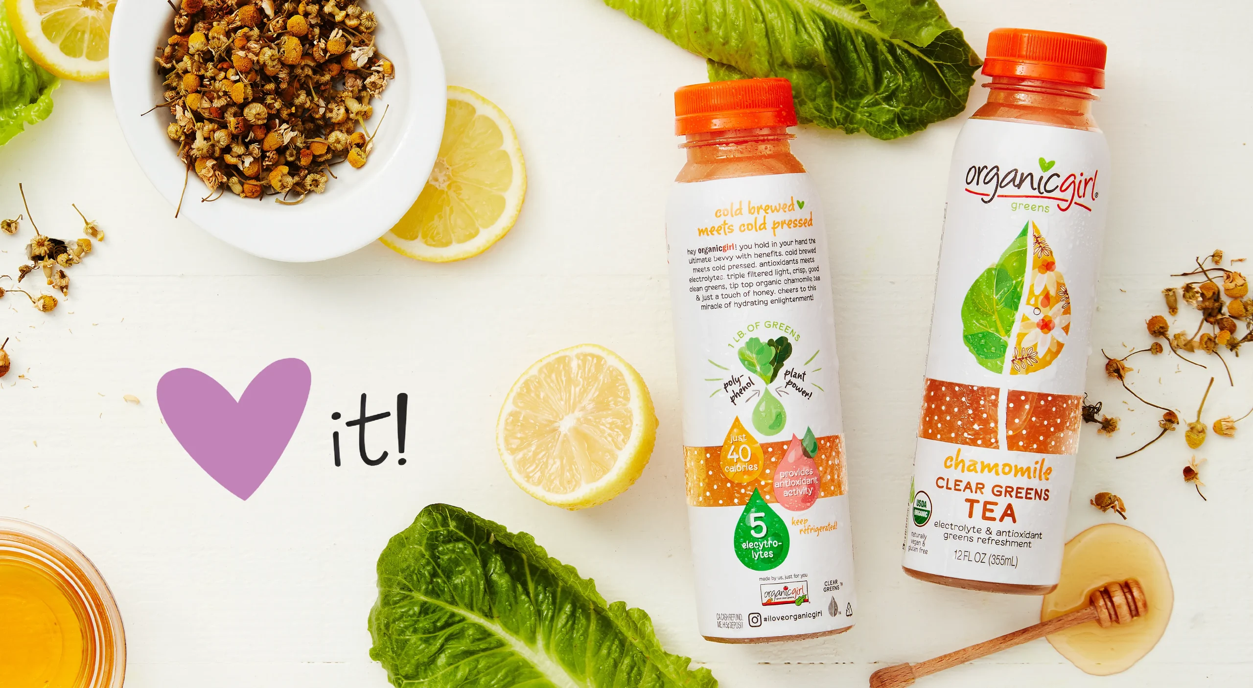 Organicgirl clear greens organic functional beverage brand design system showcasing package design front and back infographics and brand storytelling.