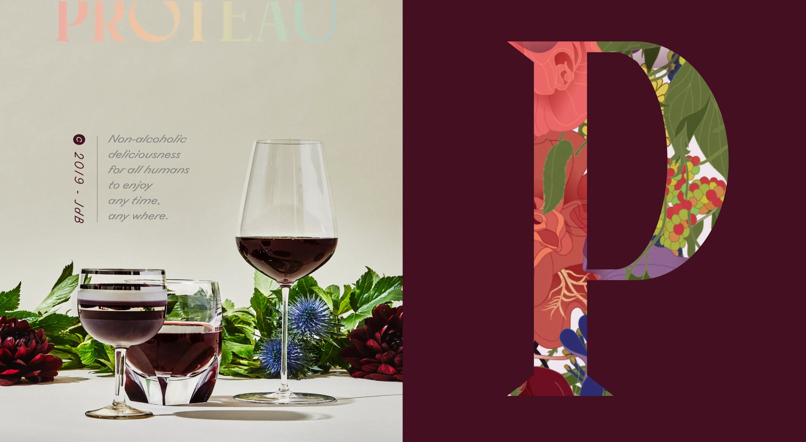 Proteau non-alcoholic botanical aperitif brand design system showcasing brand storytelling, visual identity, and product photography.