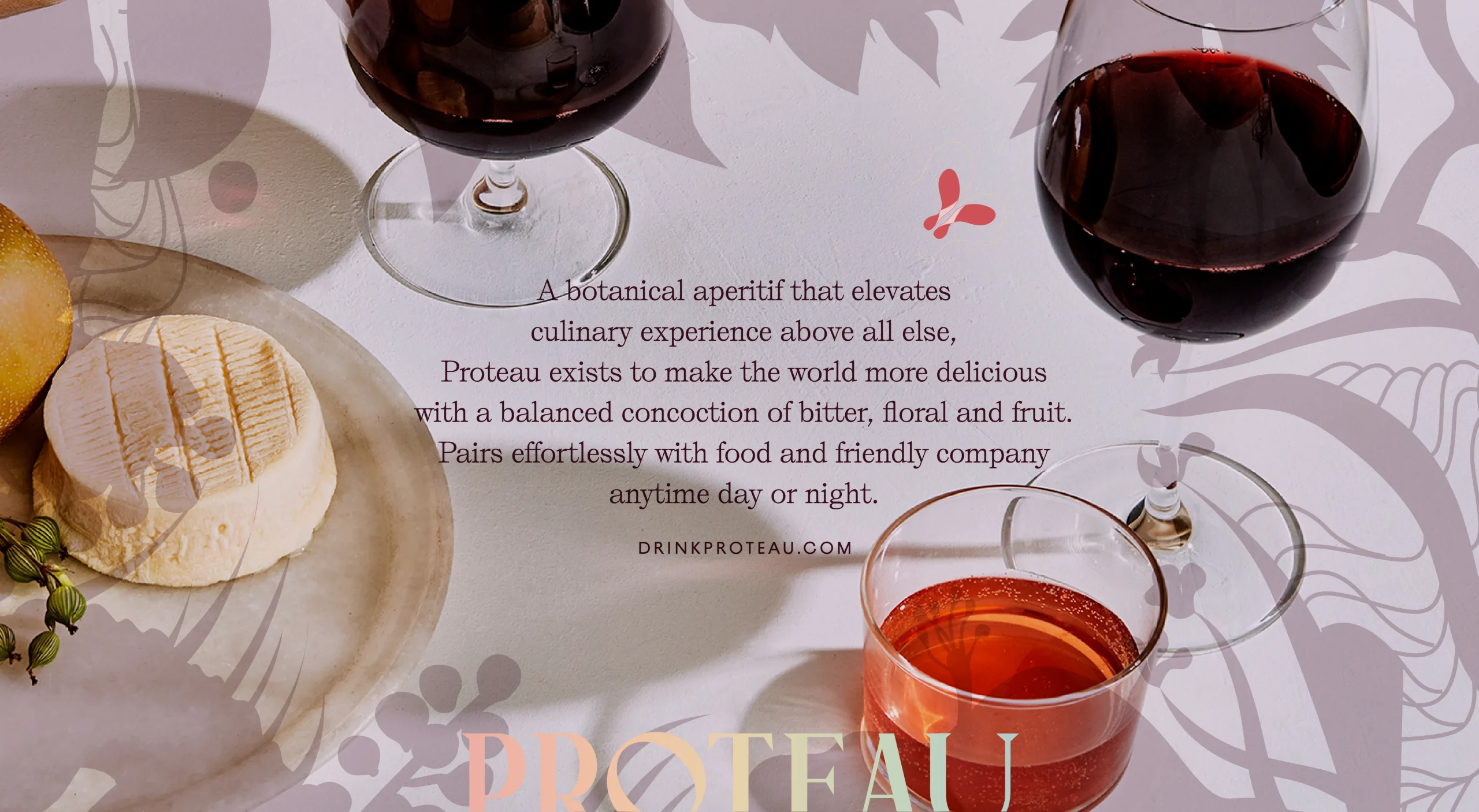 Proteau non-alcoholic botanical aperitif brand design system featuring brand storytelling, visual identity, and product photography.