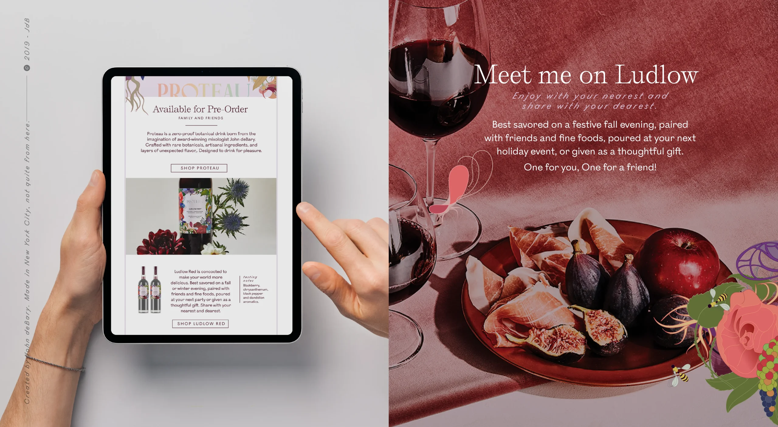 Proteau non-alcoholic botanical aperitif brand design system featuring DTC marketing, print and digital marketing materials.